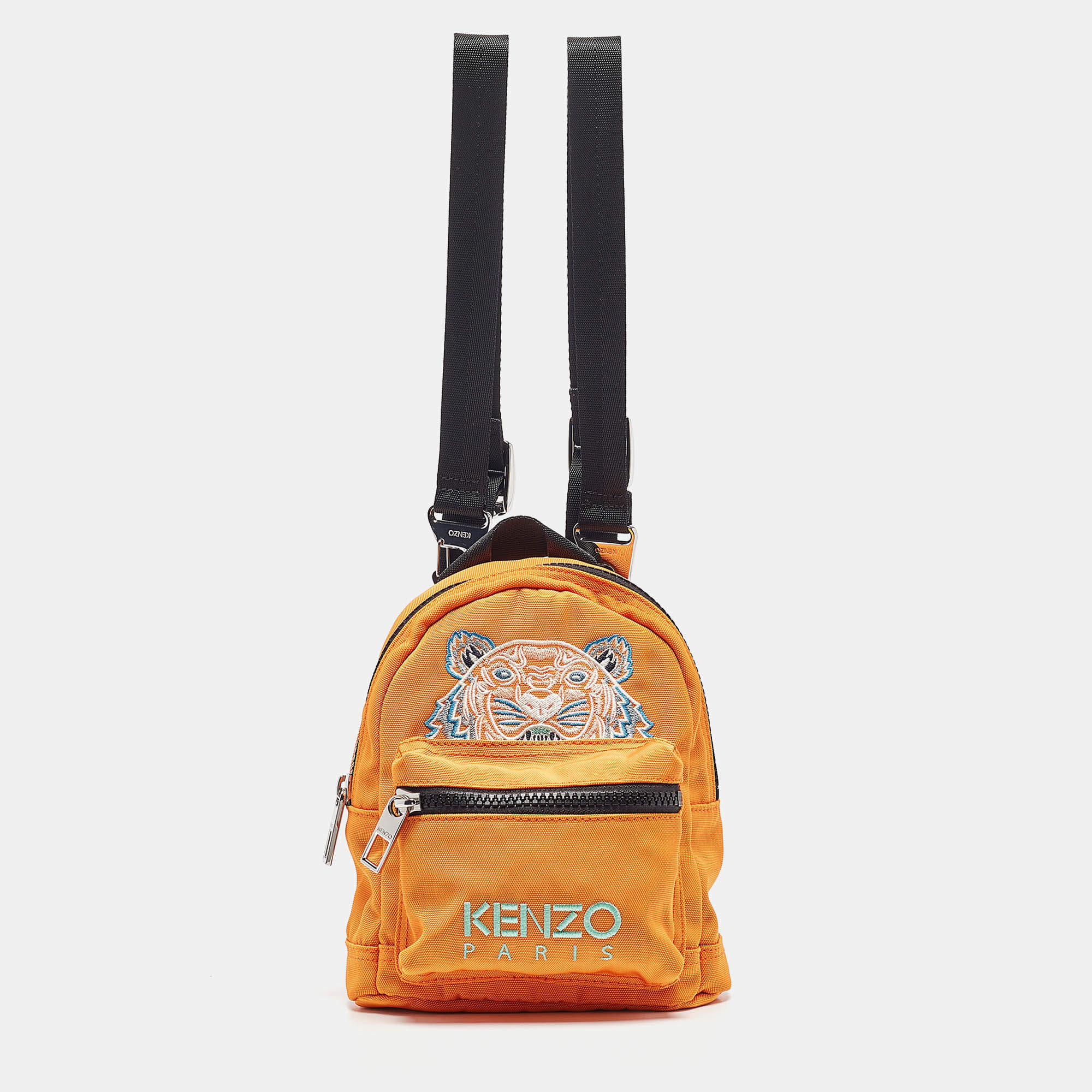 Pre Owned Kenzo Orange/Black Nylon Mini Embroidered Tiger Backpack