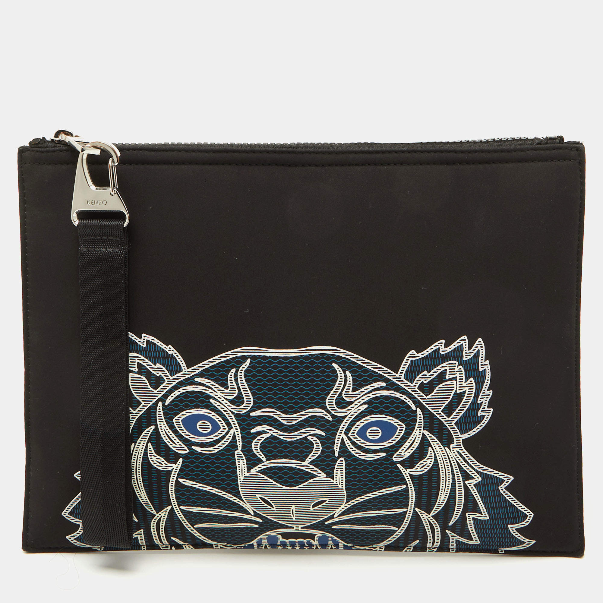 Kenzo Black Fabric Tiger Print Flat Zip Pouch