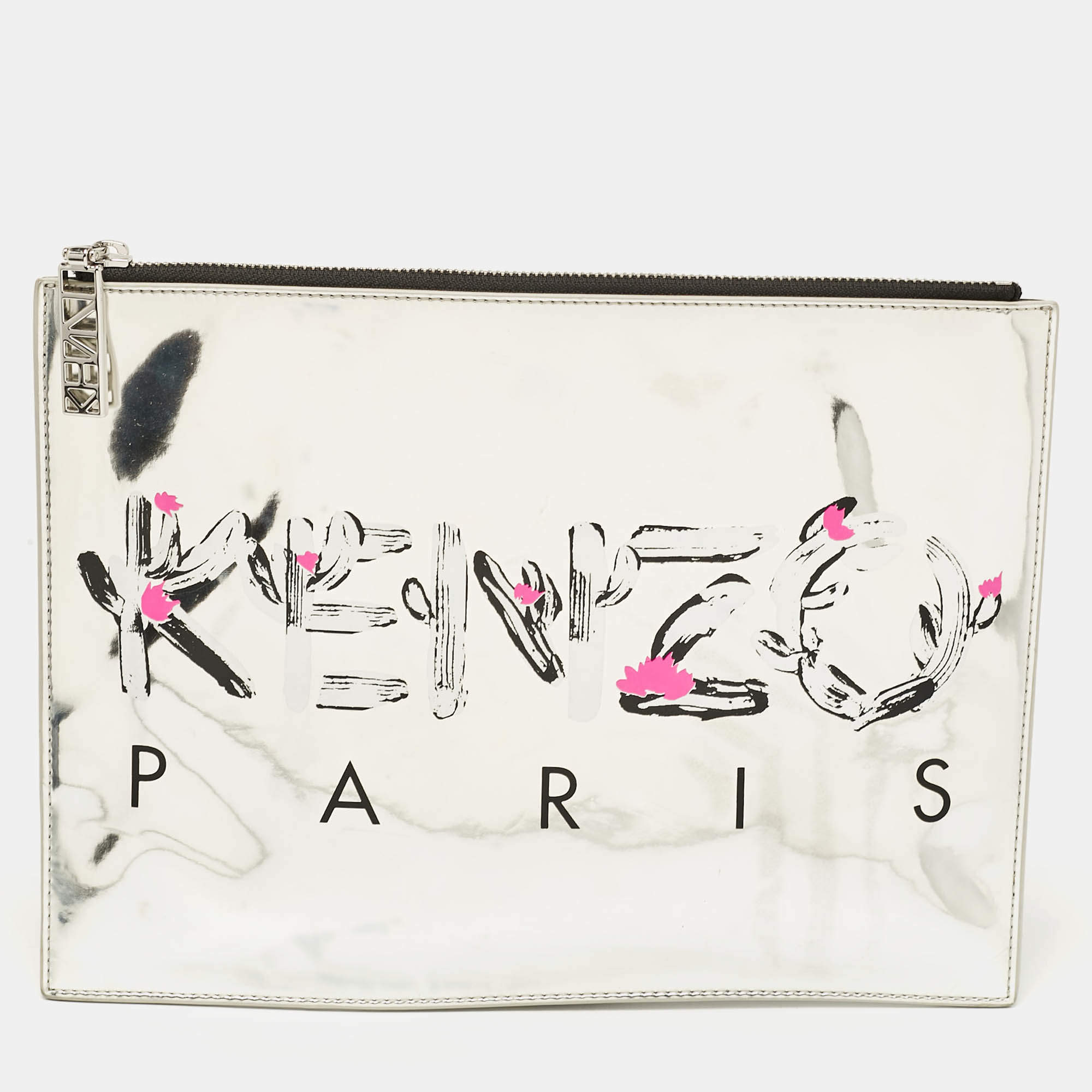 Kenzo Silver Patent Leather Logo Printed Zip Pouch