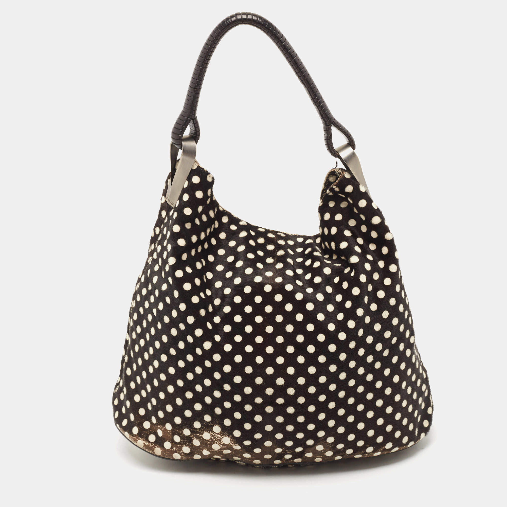 Pre Owned Kenzo Black/Brown Polka Dot Calfhair and Leather Studded Hobo
