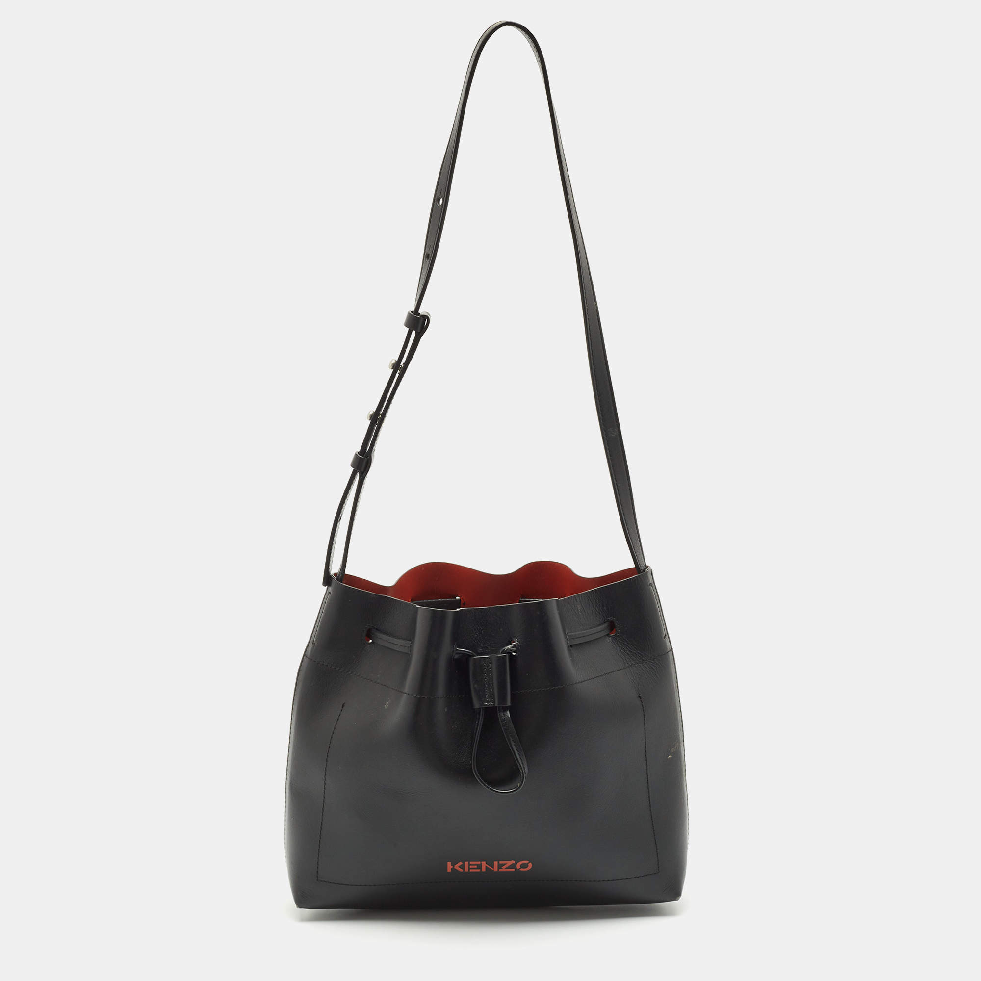 Kenzo Black Leather Drawstring Bucket Bag