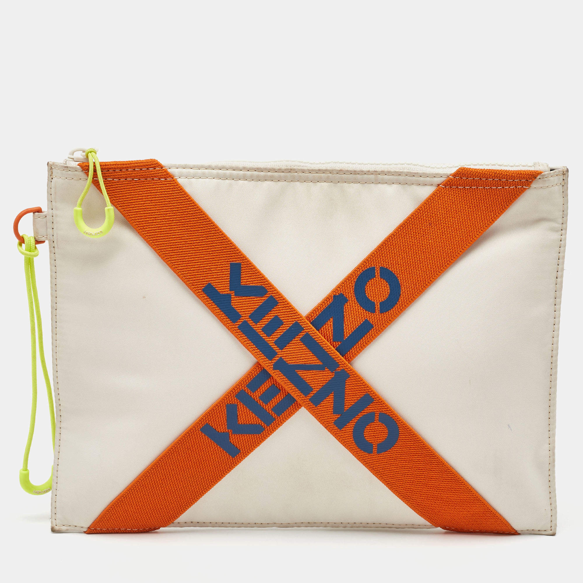 Kenzo Cream/Orange Criss Cross Logo Print Nylon Zip Pouch