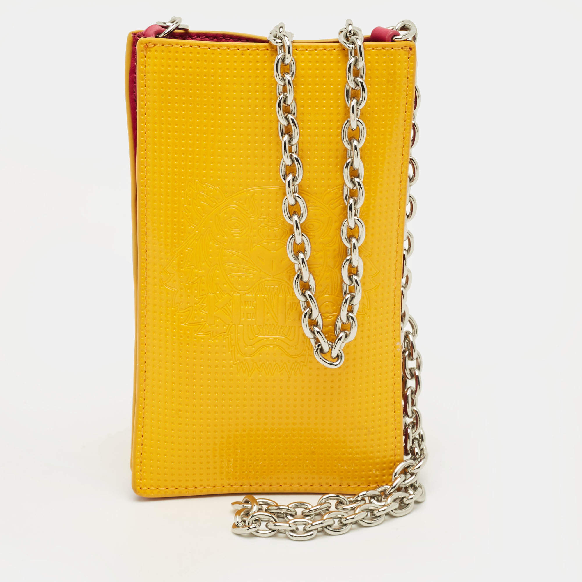 Pre Owned Kenzo Yellow/Pink Tiger Embossed Patent Leather Phone Crossbody Bag