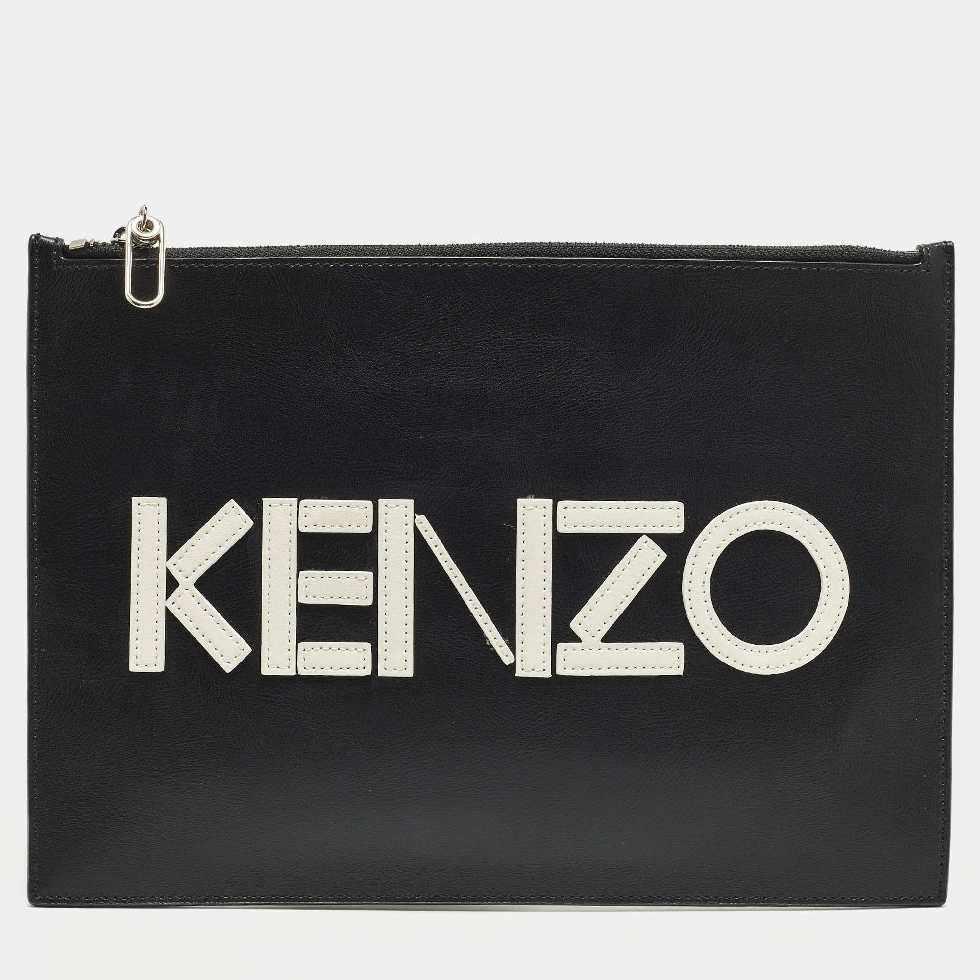 Pre Owned Kenzo Logo Black/White Leather Zipped Pouch