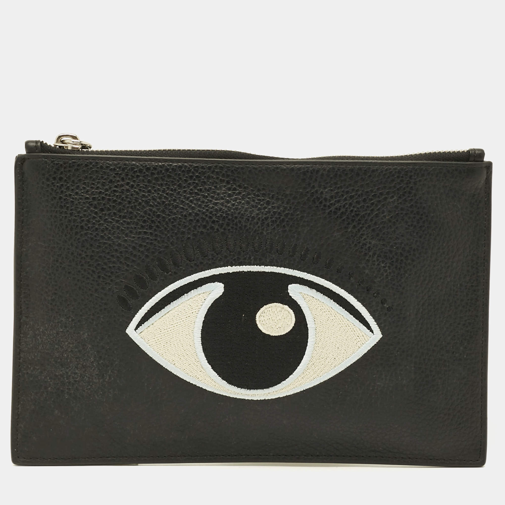 Pre Owned Kenzo Eye Embroidered Black Leather Pouch