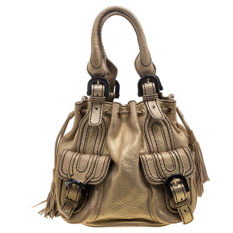 Pre Owned Kenzo Gold Leather Drawstring Studded Bucket Bag