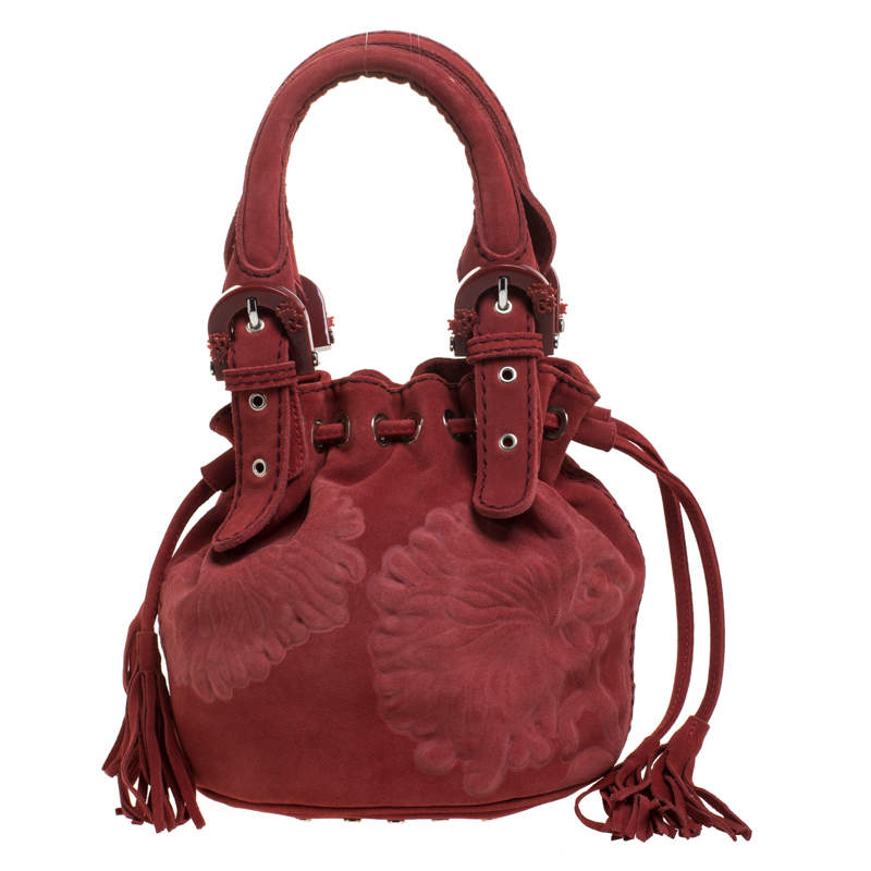 Kenzo Red Flower Embossed Suede Drawstring Satchel