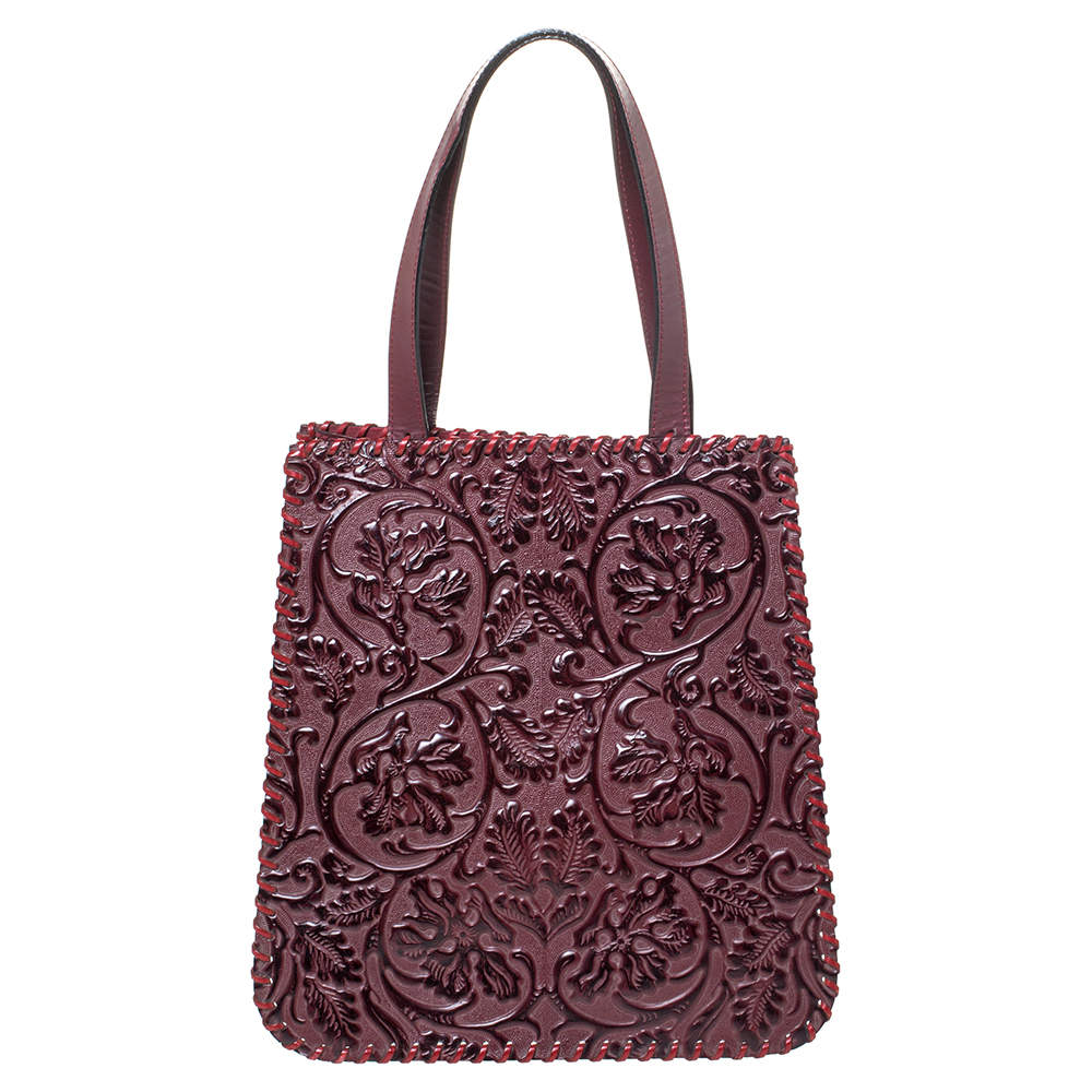 Pre Owned Kenzo Burgundy Embossed Leather Stitches Tote