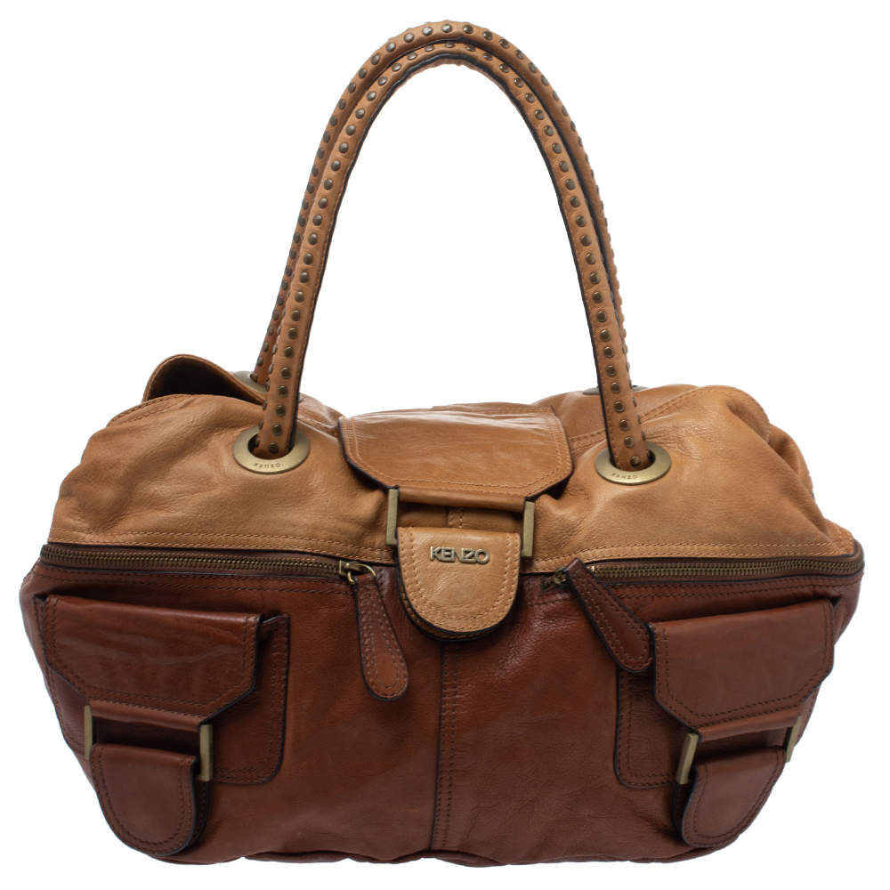 Kenzo Two Tone Brown Soft Leather Studded Handle Satchel