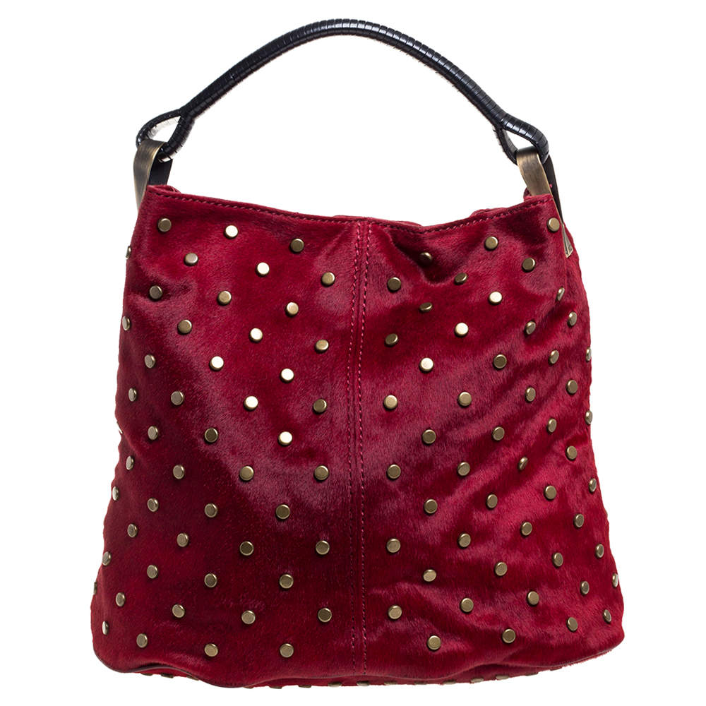 Pre Owned Kenzo Red Calfhair Studded Hobo