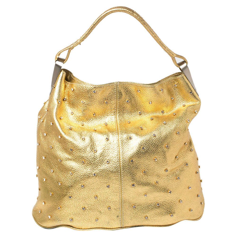 Pre Owned Kenzo Gold Embellished Grained Leather Woven Handle Hobo