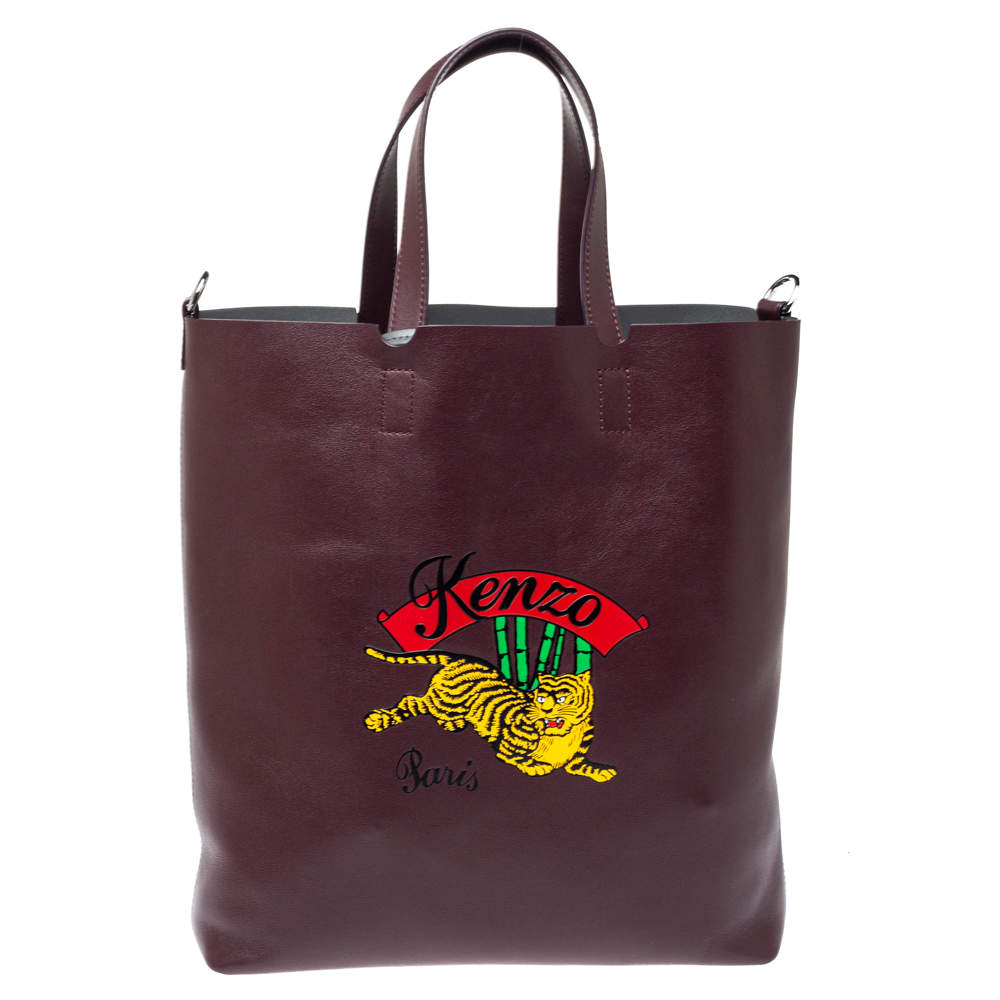 Pre Owned Kenzo Burgundy Leather Jumping Tiger Tote 