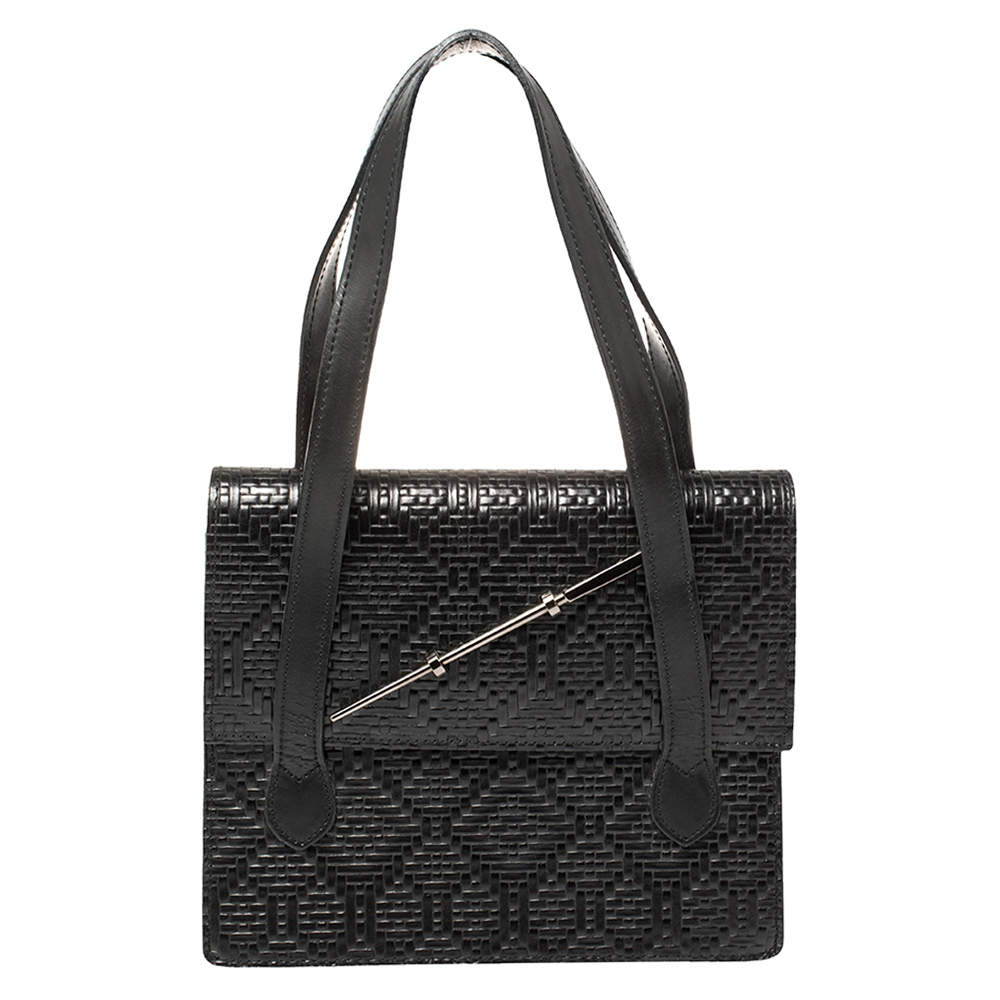 Pre Owned Kenzo Black Woven Leather Metal Pin Flap Tote