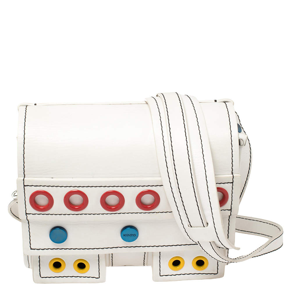 Pre Owned Kenzo White Leather Small Bike Studded Shoulder Bag