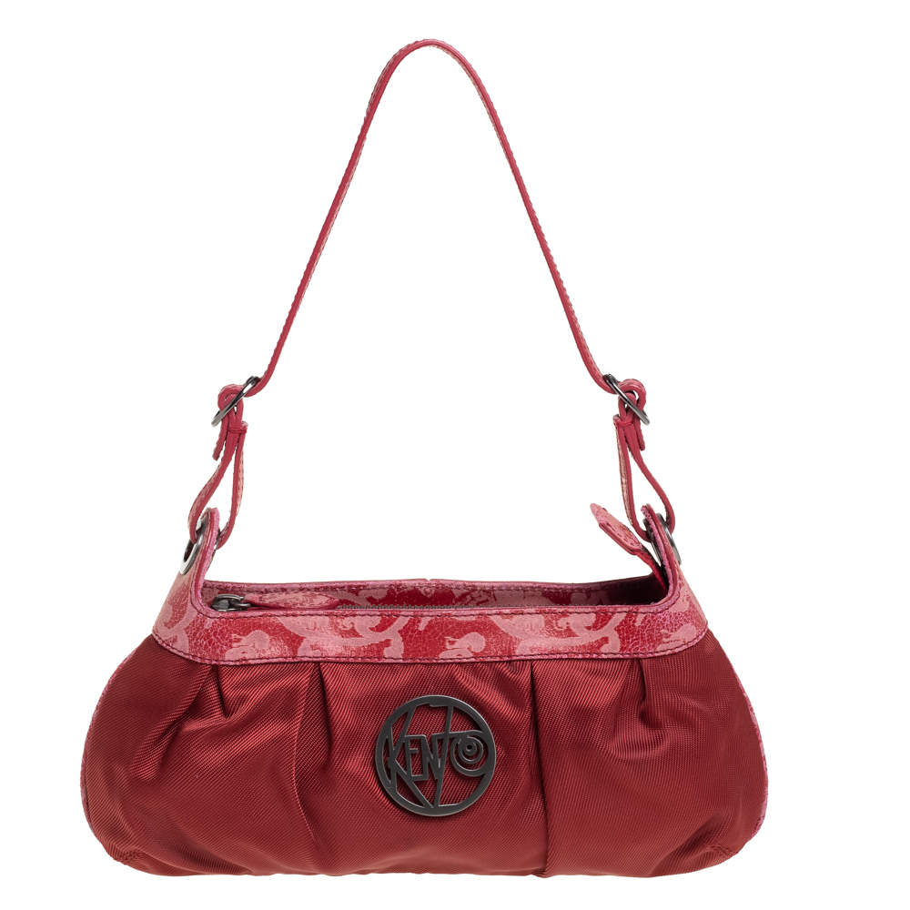 Kenzo Red Pleated Nylon and Leather Small Zip Hobo