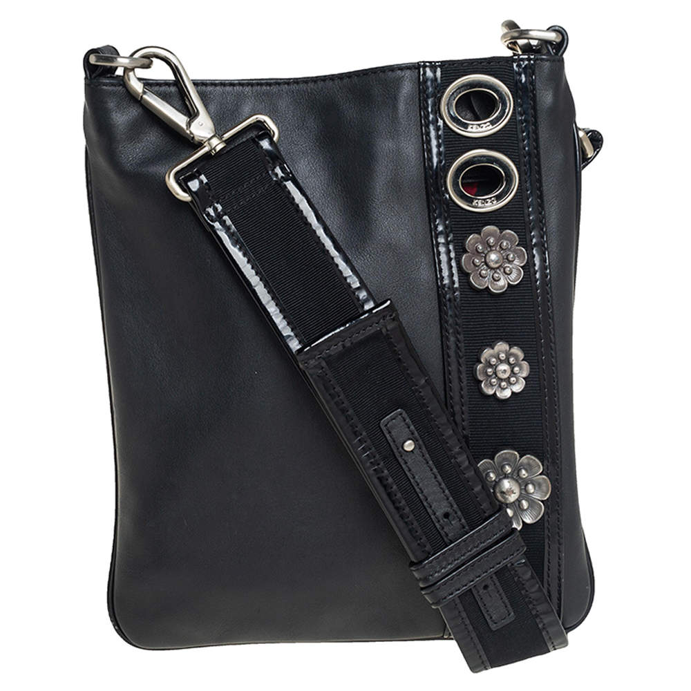 Pre Owned Kenzo Black Leather and Patent Leather Trim Metal Floral Embellished Messenger Bag