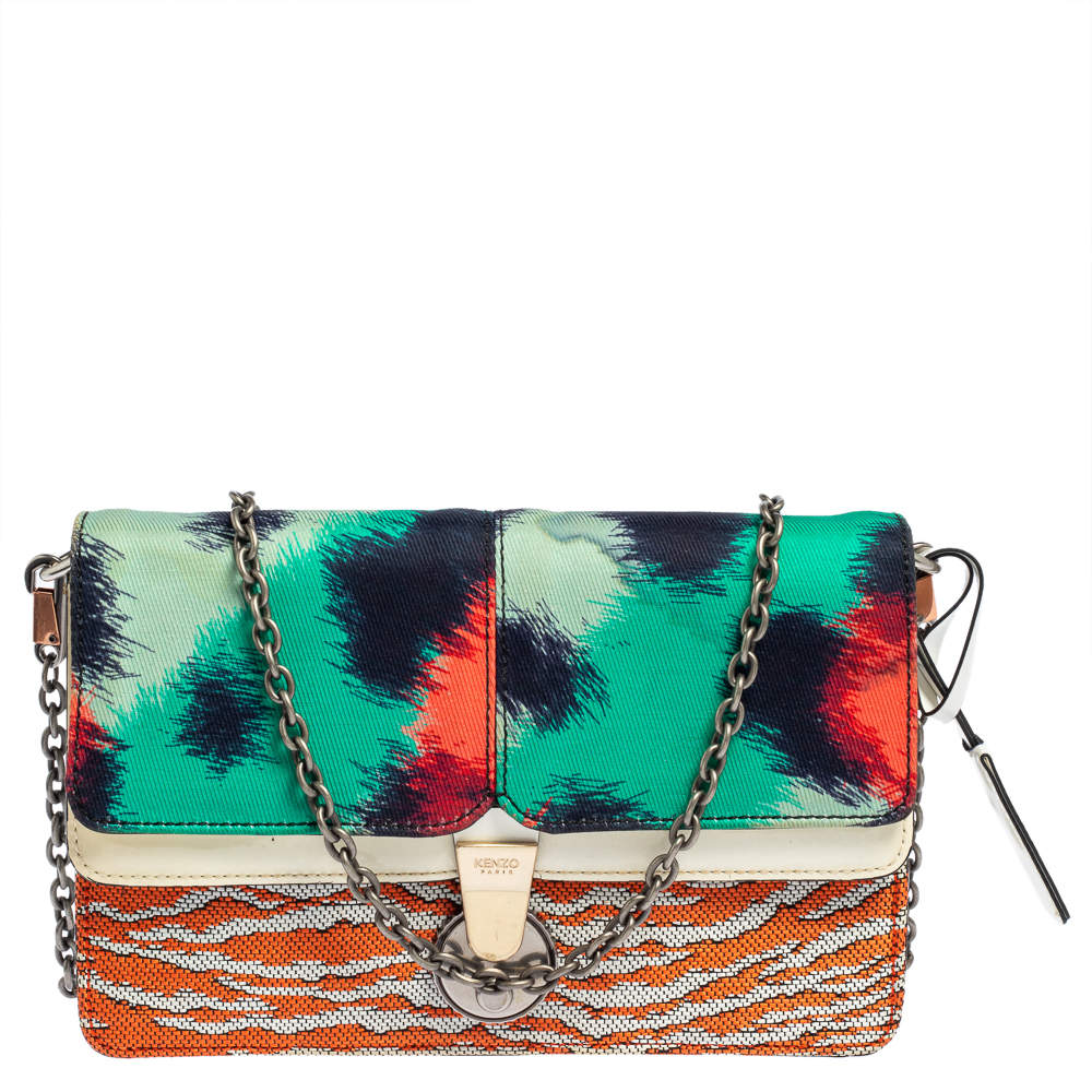 Kenzo Multicolor Printed Canvas and Patent Leather Double Flap Shoulder Bag
