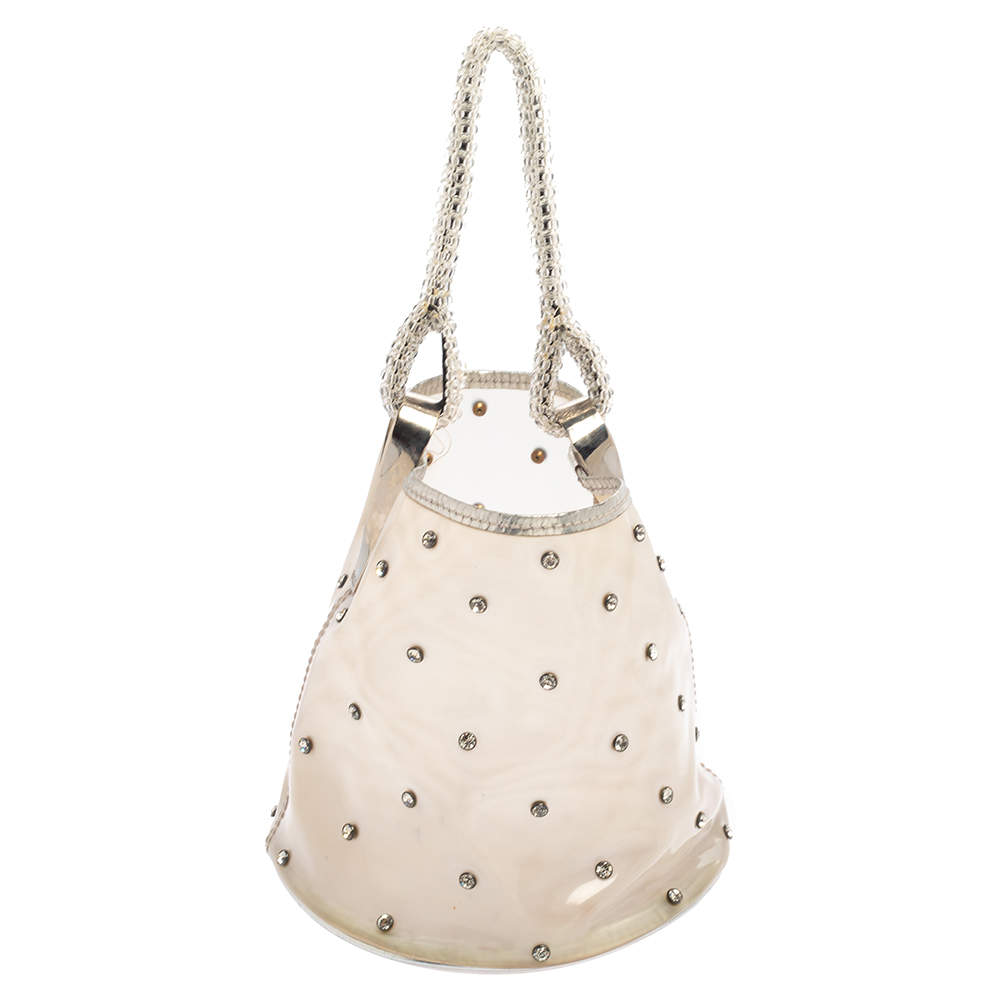 Pre Owned Kenzo Silver PVC and Leather Crystal Embellished Bucket Bag