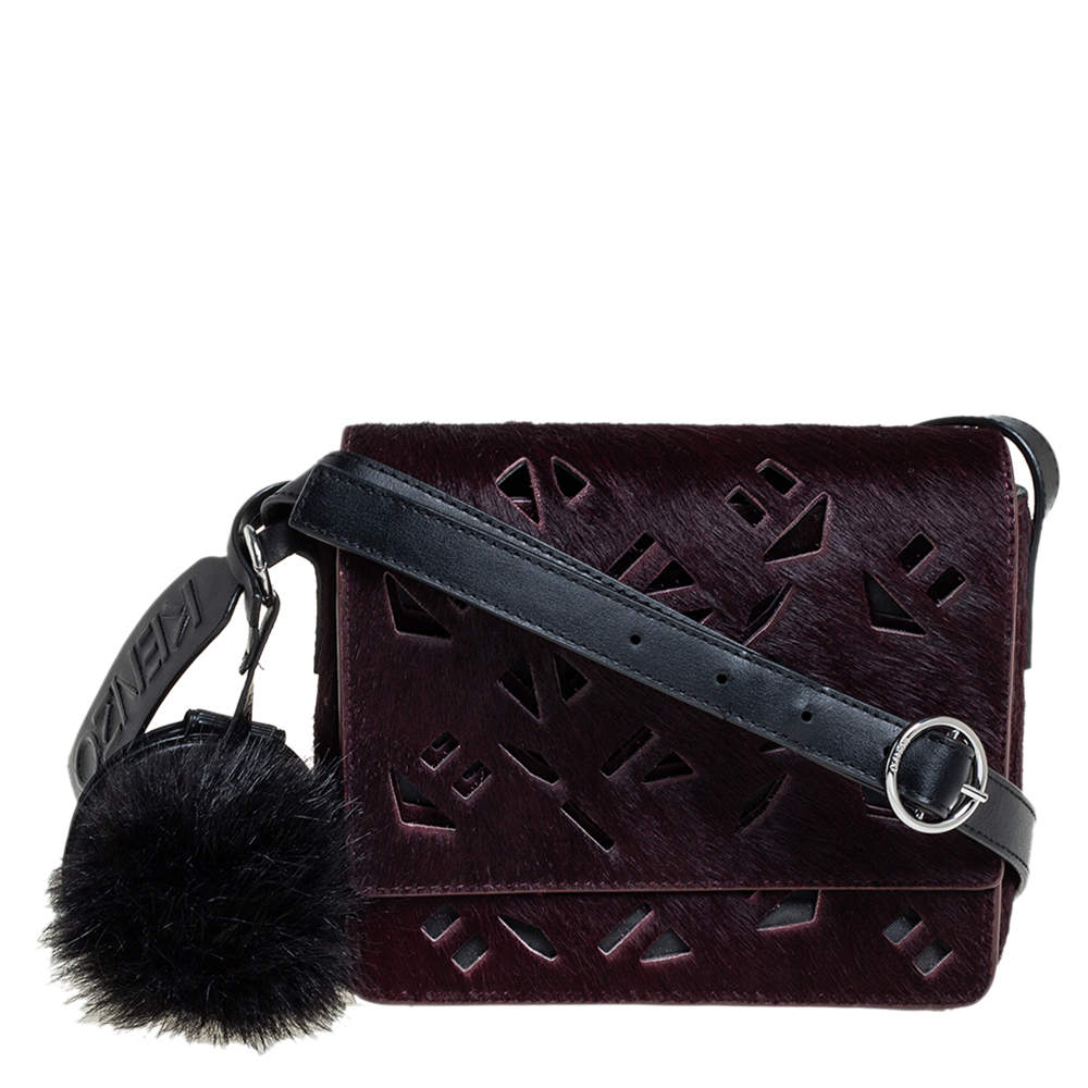 مملوكة مسبقًا Kenzo Burgundy/Black Calfhair and Leather Lazer Cut Flap Shoulder Bag