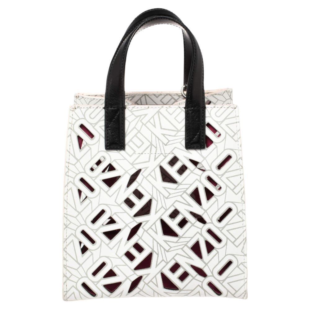 Pre Owned Kenzo White/Black Laser Cut Leather Mini Flying Logo Tote