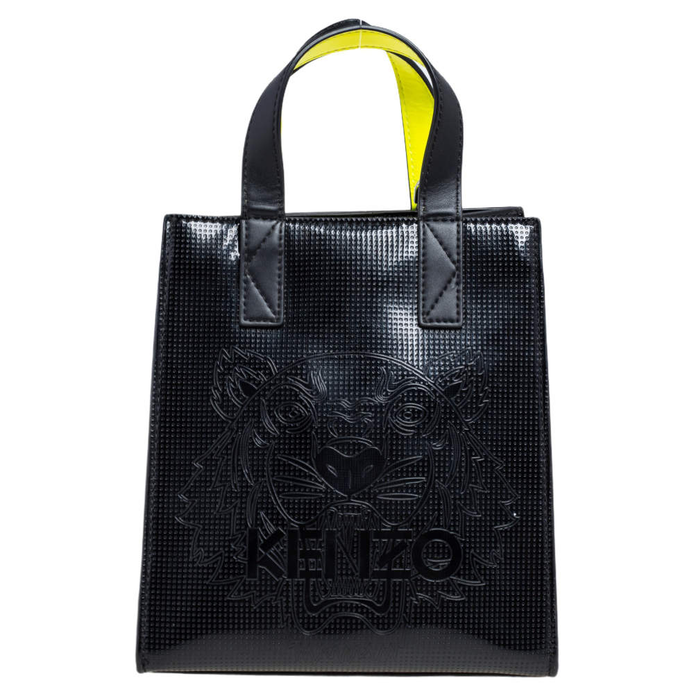 Pre Owned Kenzo Black PVC and Leather Perforated Tiger Mini Tote