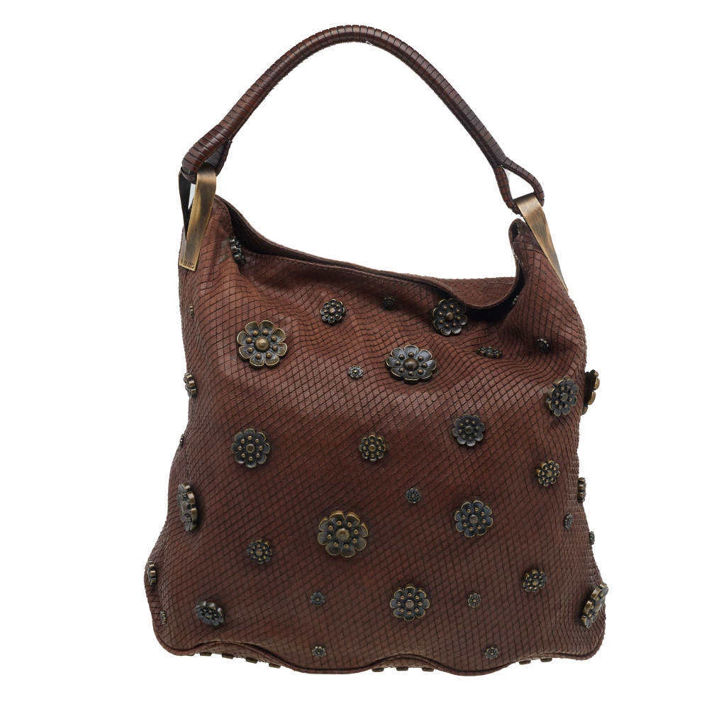 Pre Owned Kenzo Brown Python Embossed Leather Embellished Hobo