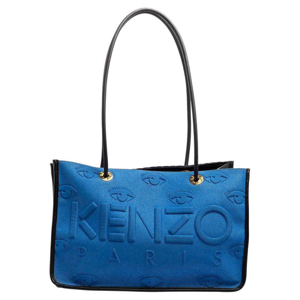 Pre Owned Kenzo Two Tone Blue Logo Embossed Fabric and Leather Trim Shopper Tote