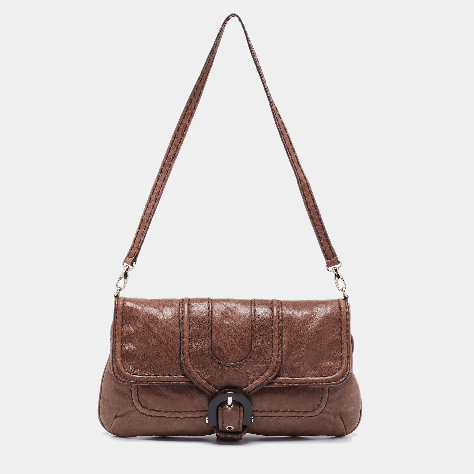 Pre Owned Kenzo Brown Leather Buckle Flap Baguette Bag