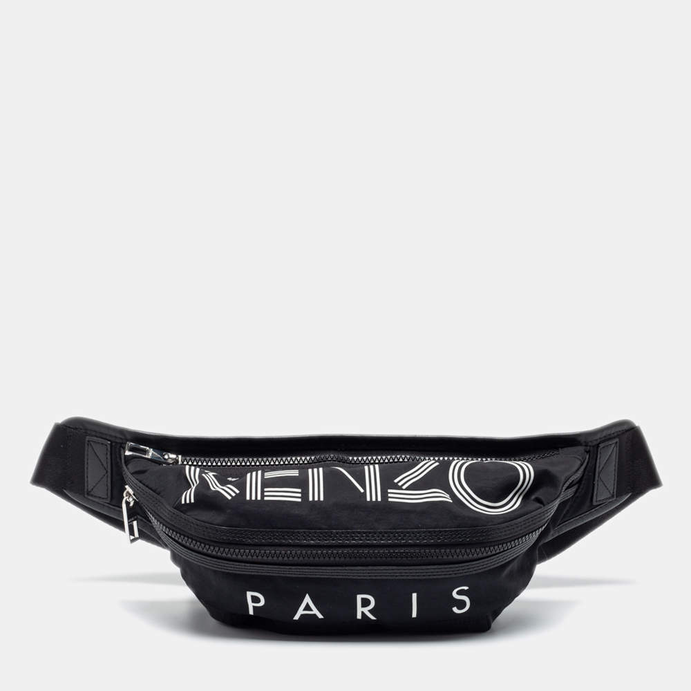 Pre Owned Kenzo Black Logo Print Nylon And Leather Belt Bag