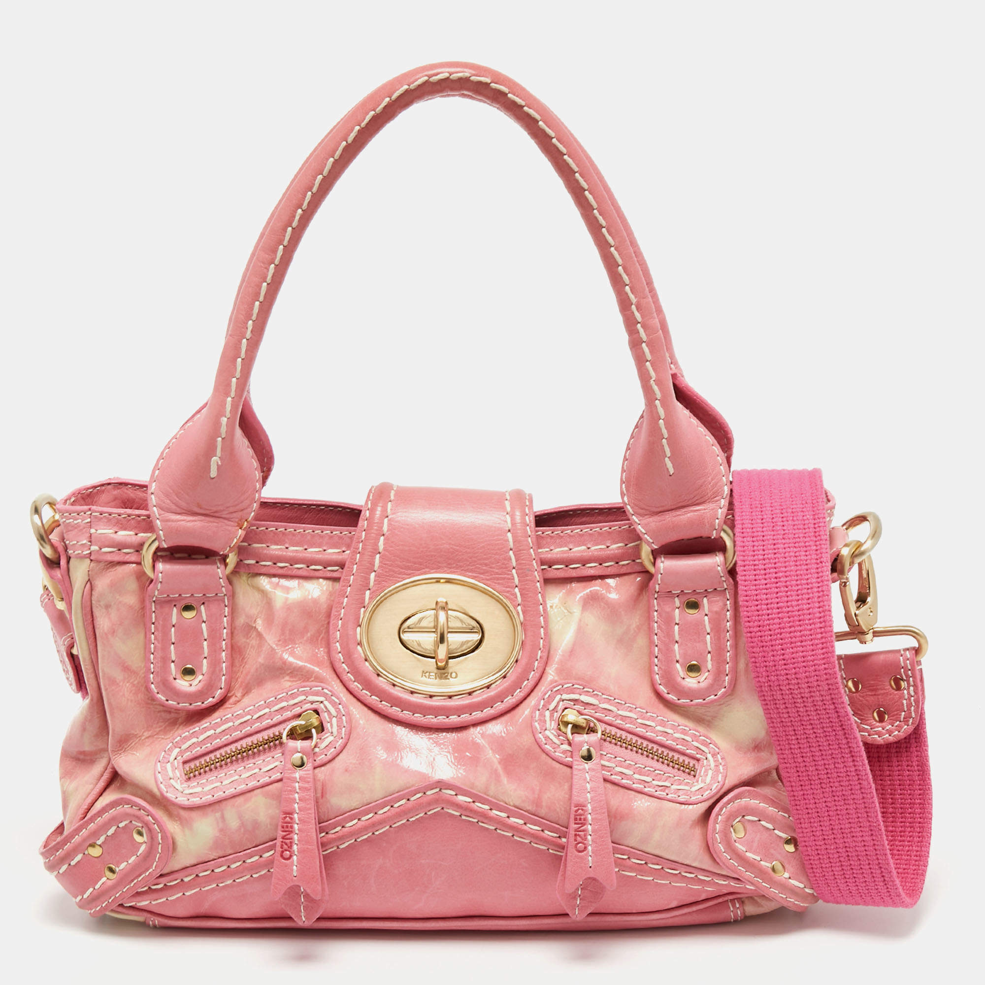 Pre Owned Kenzo Pink Laminated Leather Turn Lock Satchel