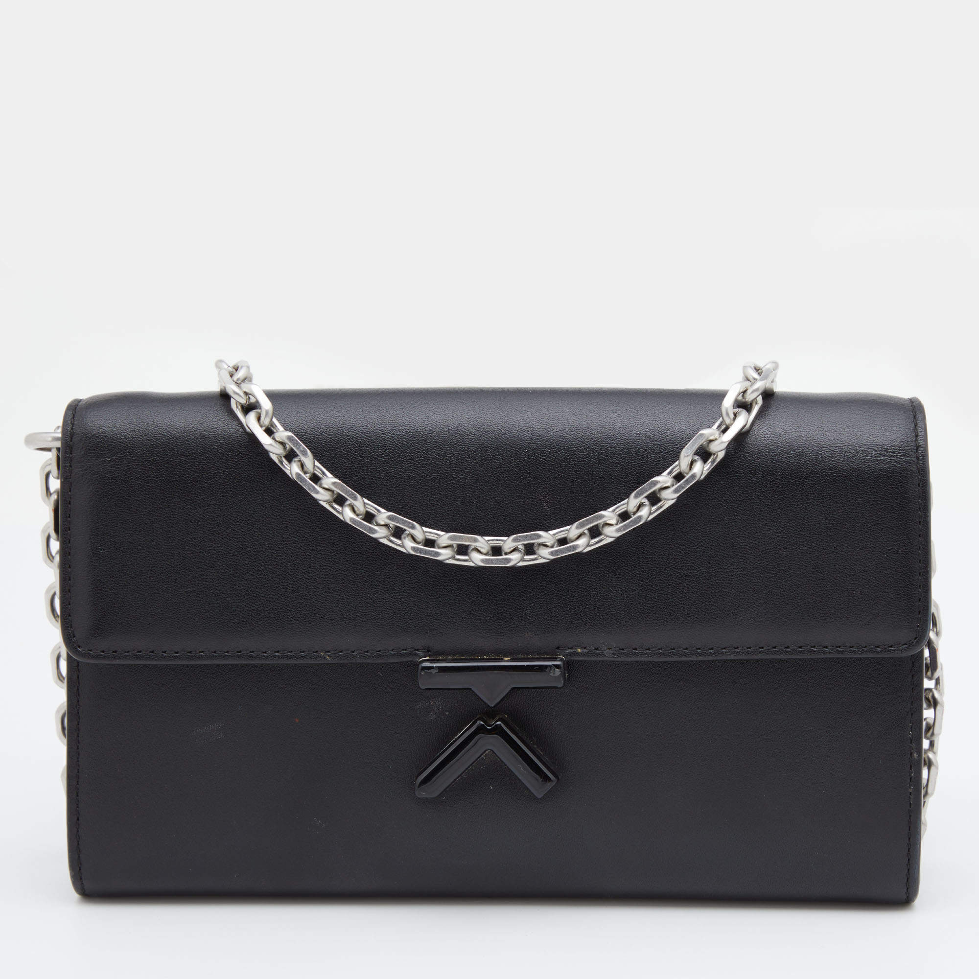 Pre Owned Kenzo Black Leather Flap Wallet on Chain