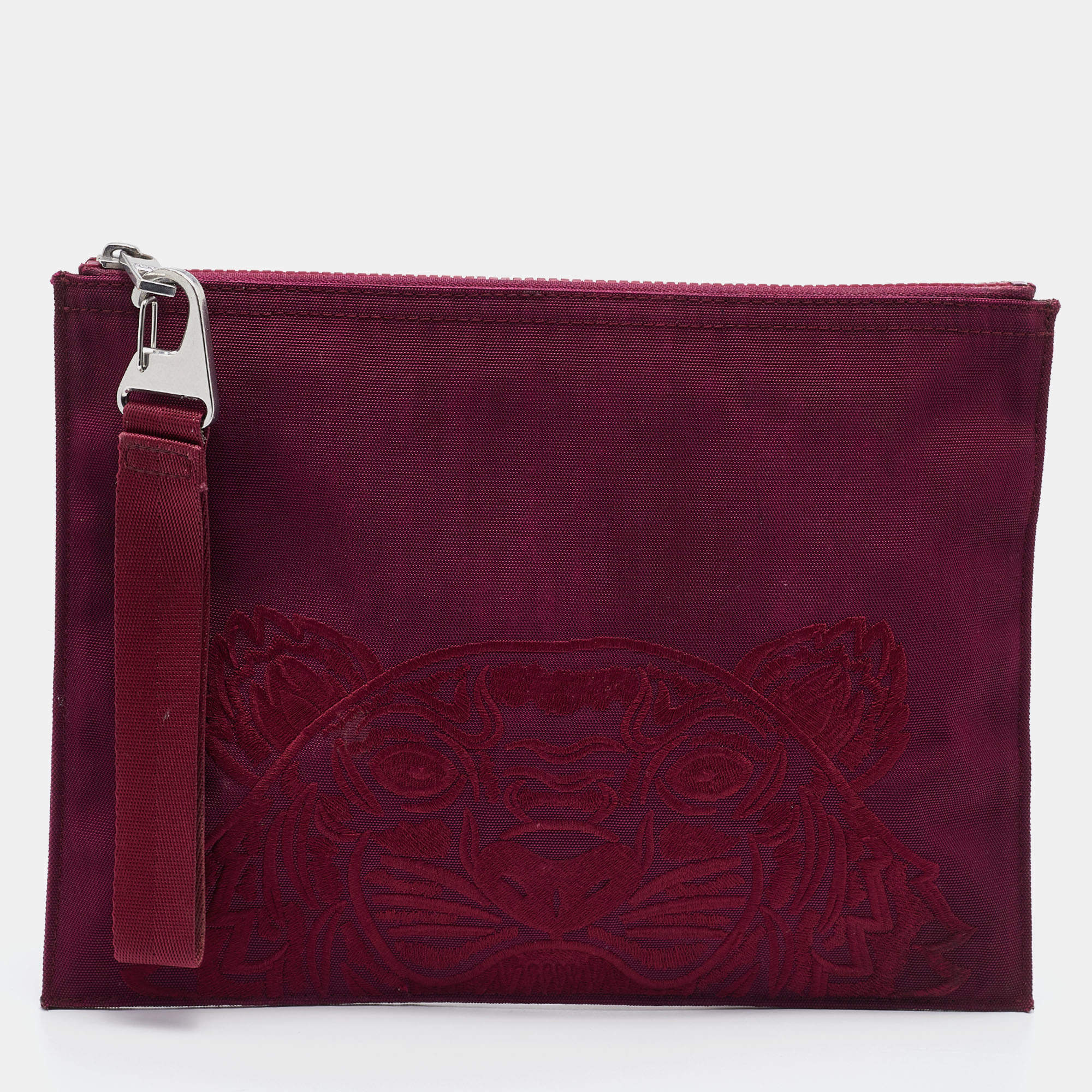 Pre Owned Kenzo Burgundy Canvas Tiger Embroidery Wristlet Pouch