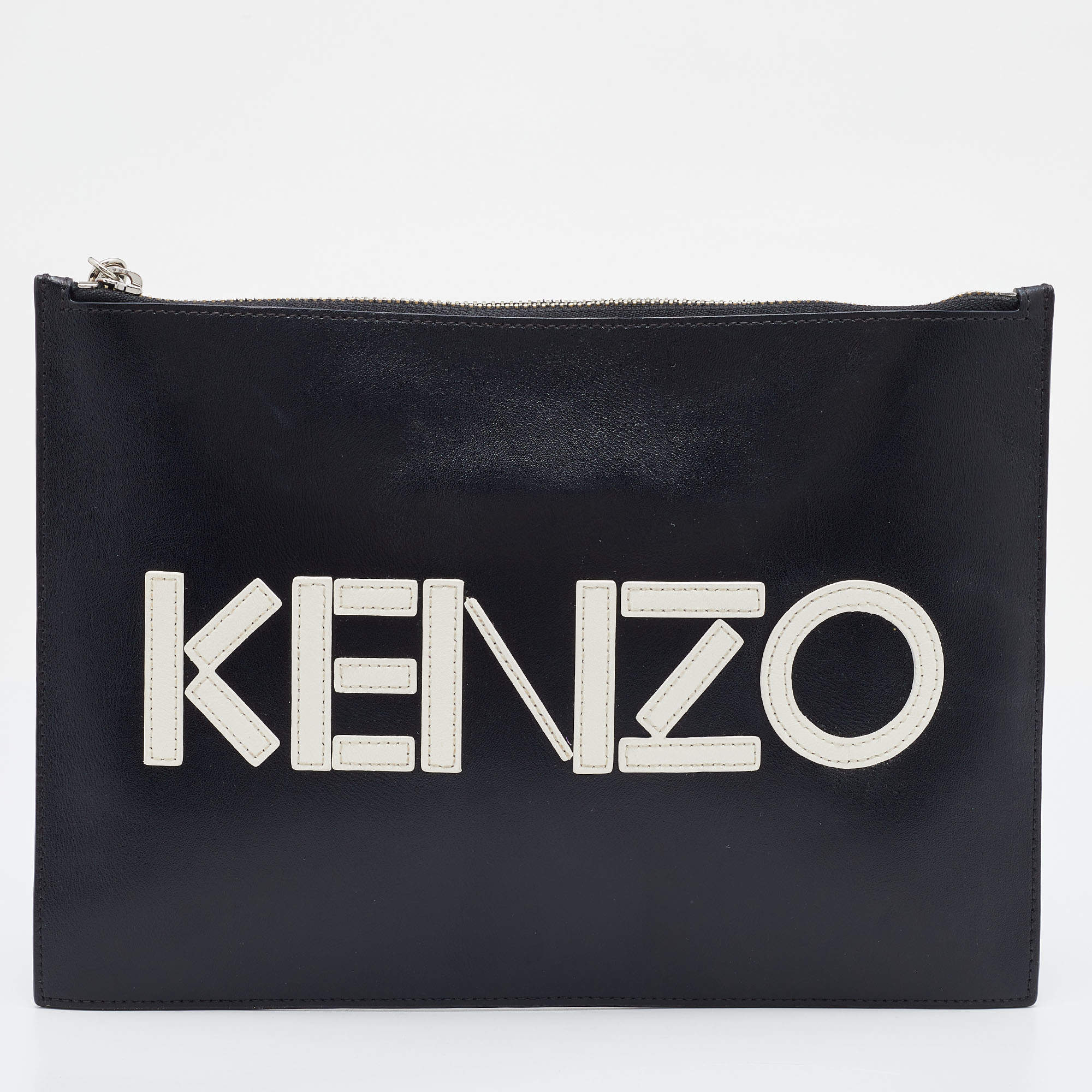Pre Owned Kenzo Black Leather Logo Zipped Pouch