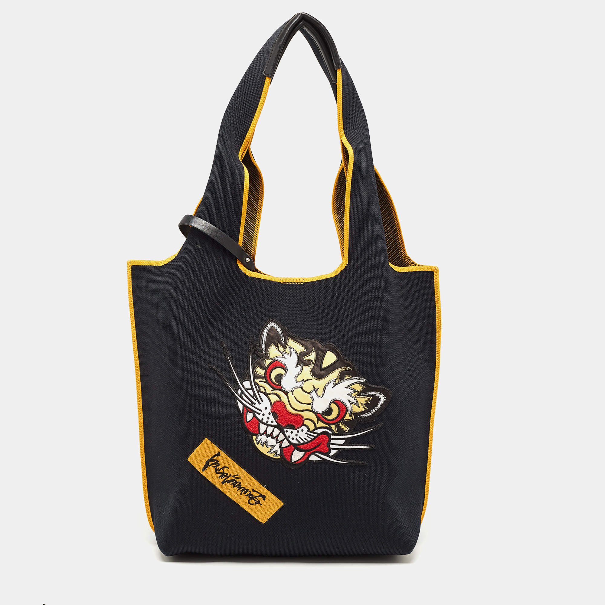 Pre Owned Kenzo Black/Yellow Canvas Contrasting Details Tote