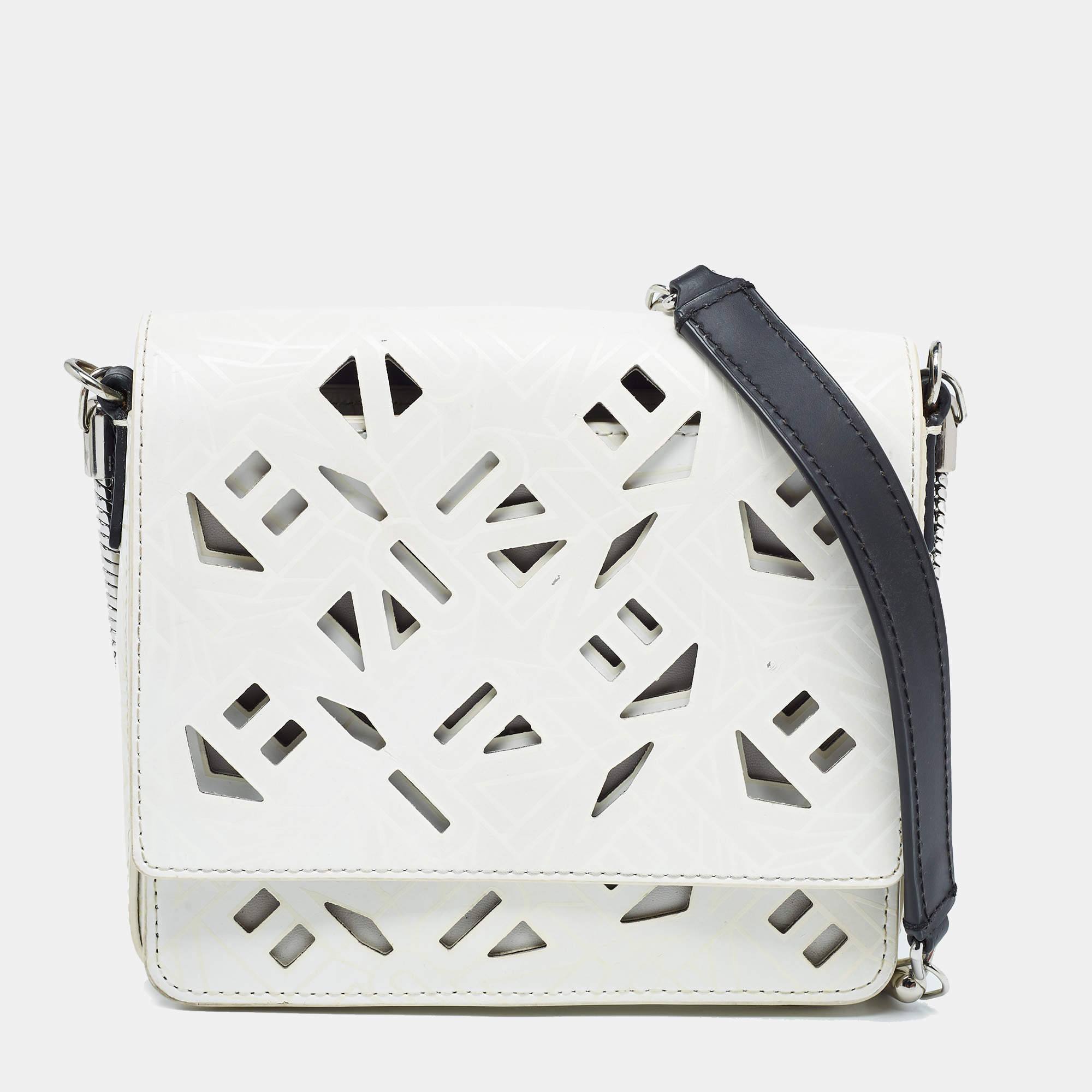 Pre Owned Kenzo White/Black Laser Cut Leather Flying Crossbody Bag