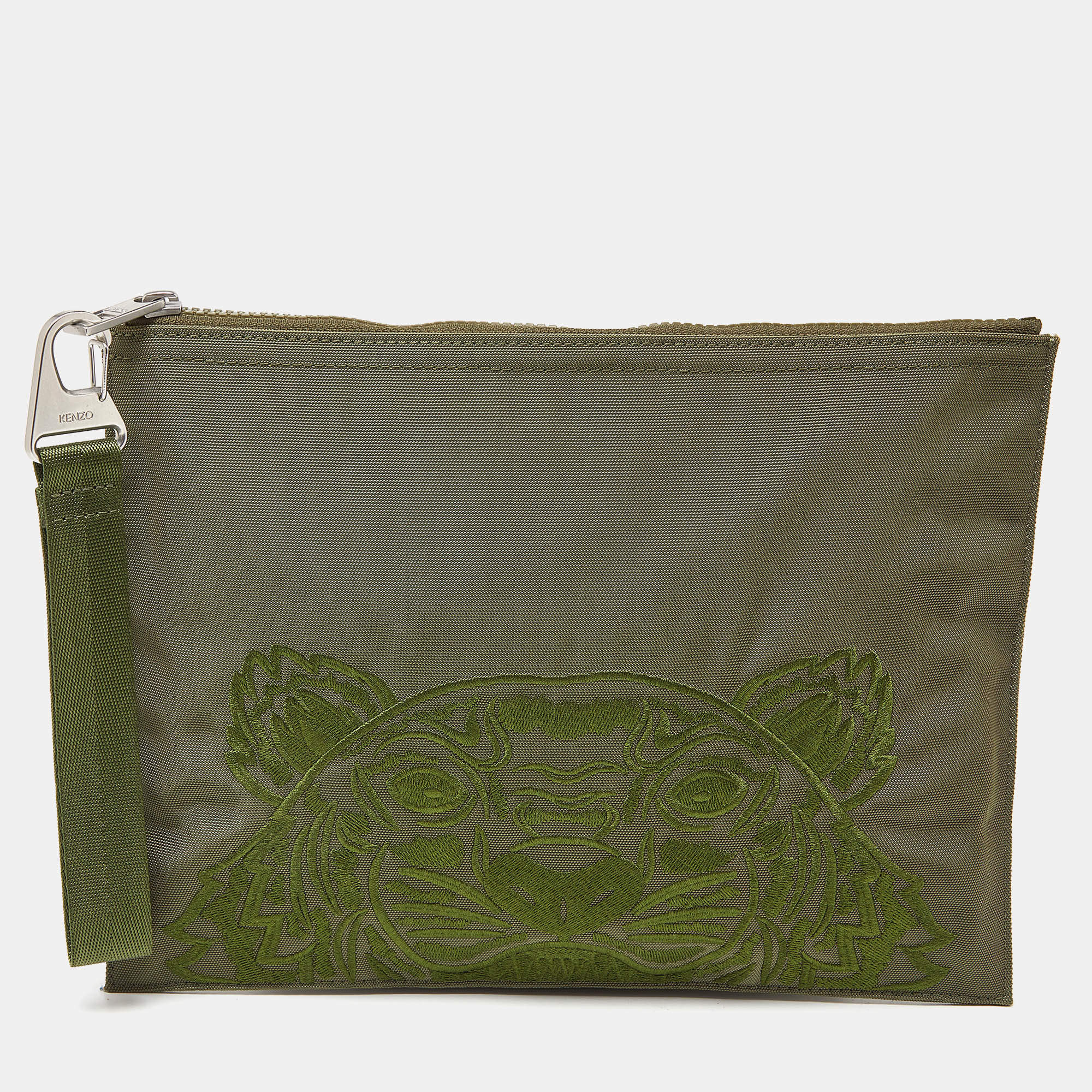 Kenzo Green Tiger Embroidered Canvas Zip Flat Pouch