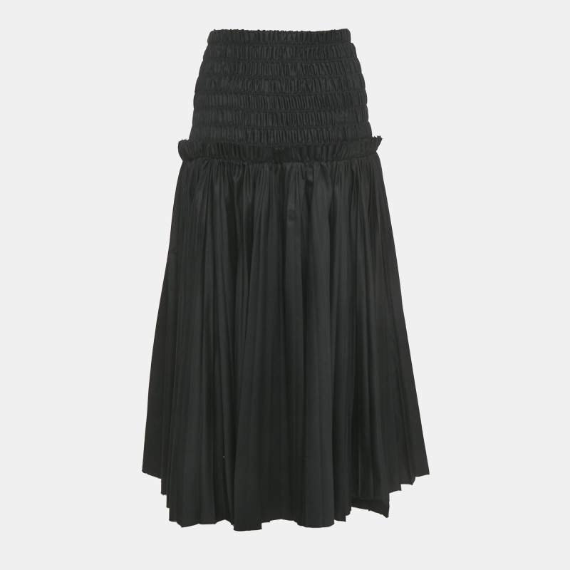 مملوكة مسبقًا Khaite Black Cotton Shirring Waist Pleated Midi Skirt 