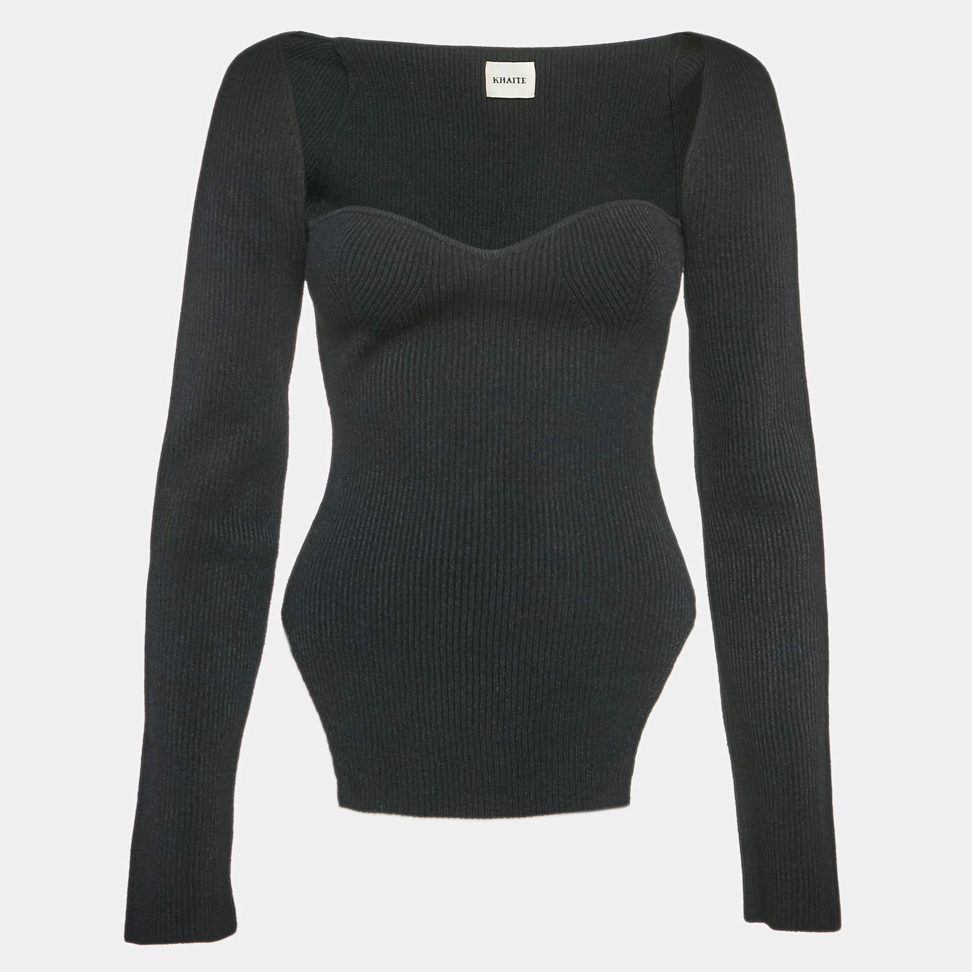 Khaite Black Rib Knit Sweetheart Neck Full Sleeve Top L
