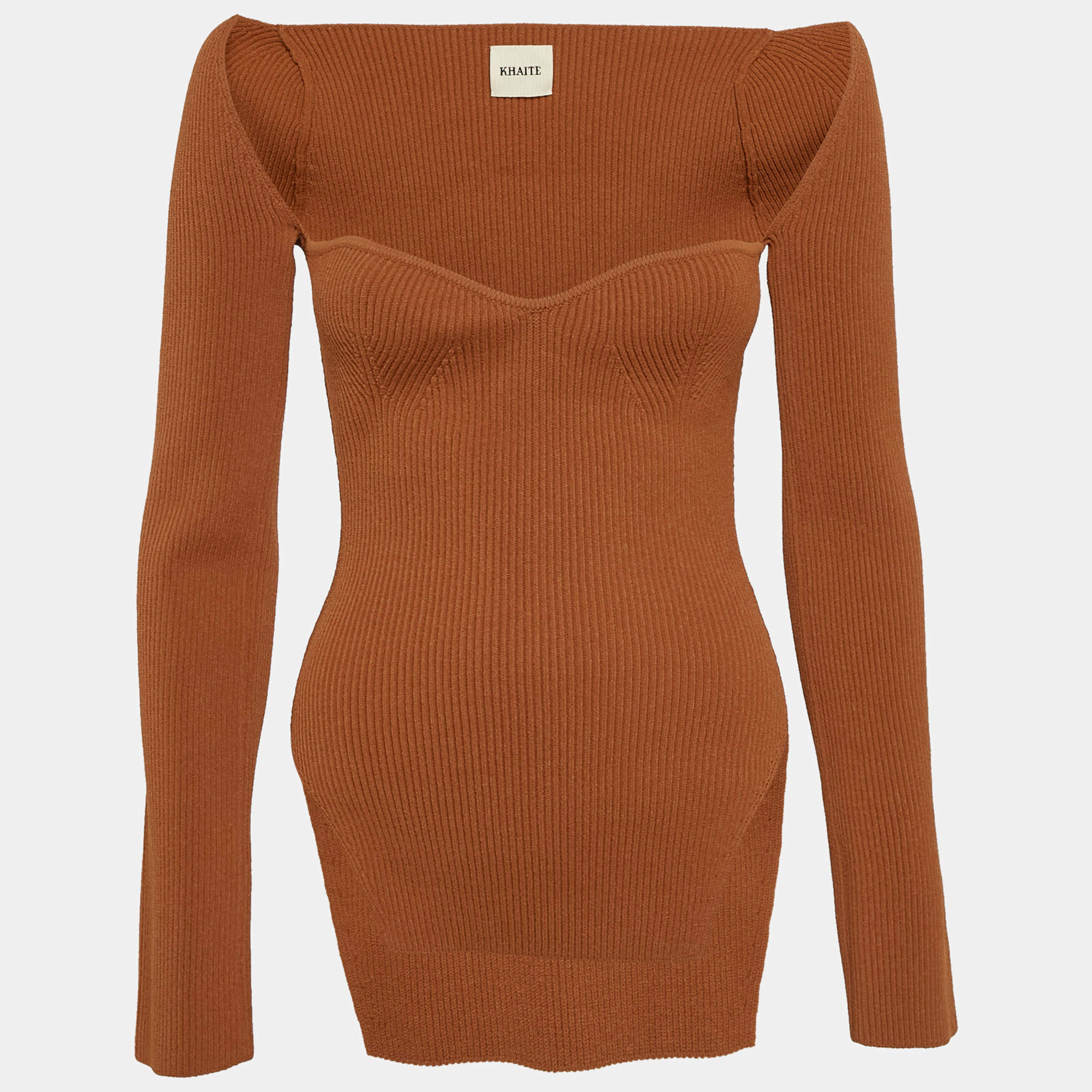 مملوكة مسبقًا Khaite Brown Rib Knit Sweetheart Neck Full Sleeve Top L