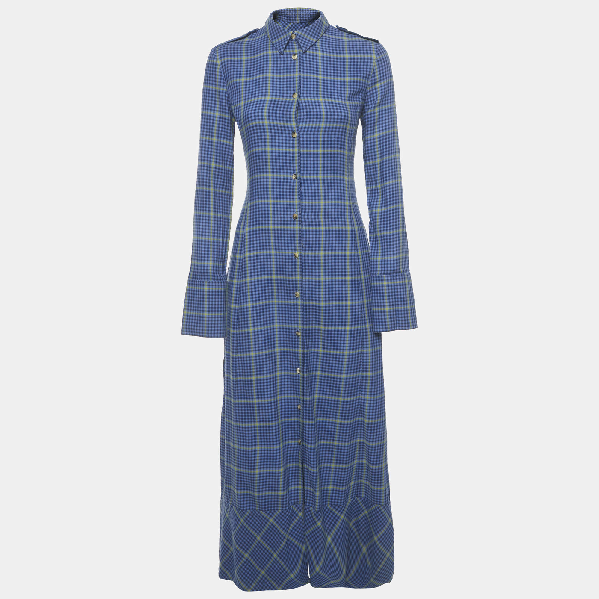 Pre Owned Khaite Blue Houndstooth Cotton Blend Daniella Midi Dress XS