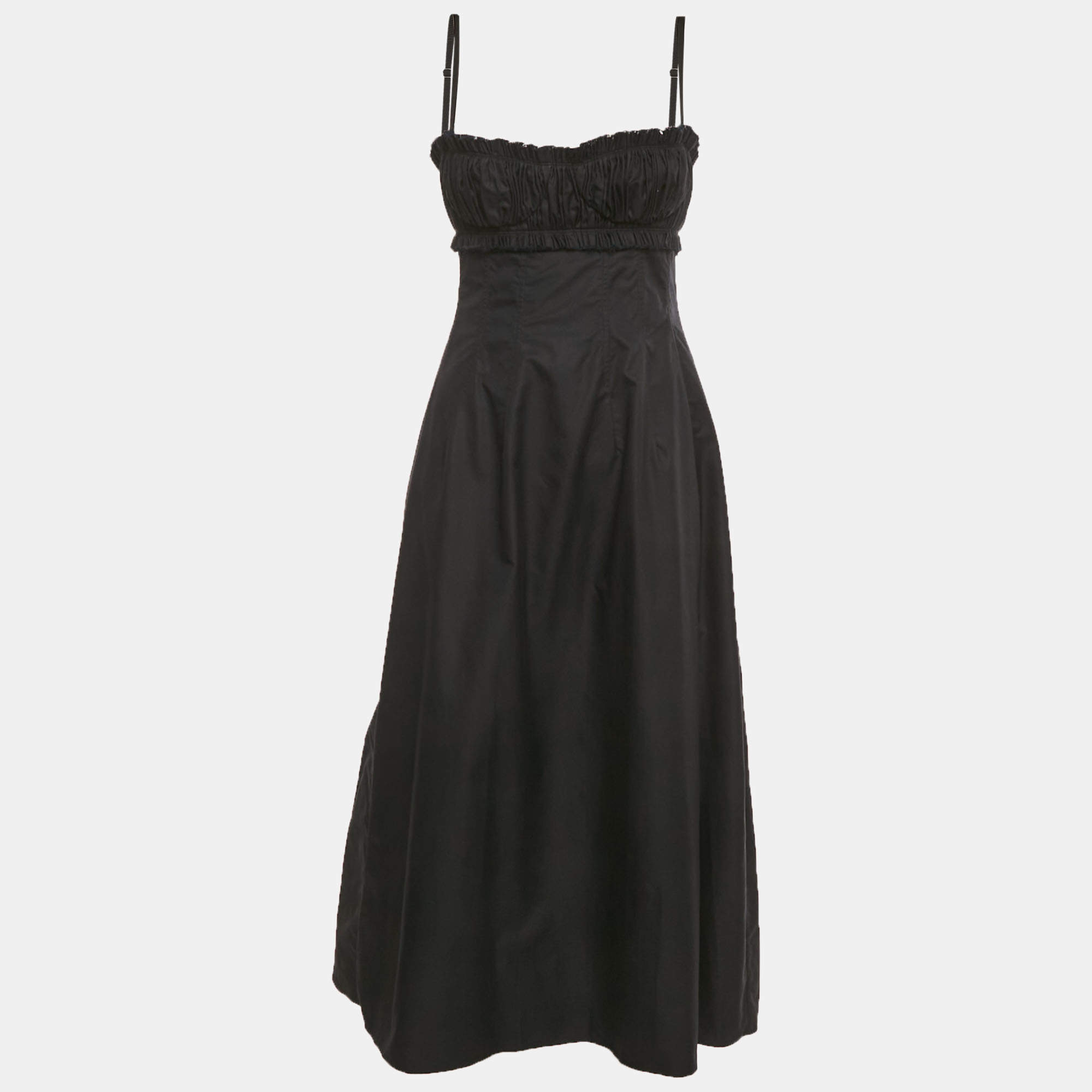 Pre Owned Khaite Black Cotton Raw Edge Shirring Midi Dress S