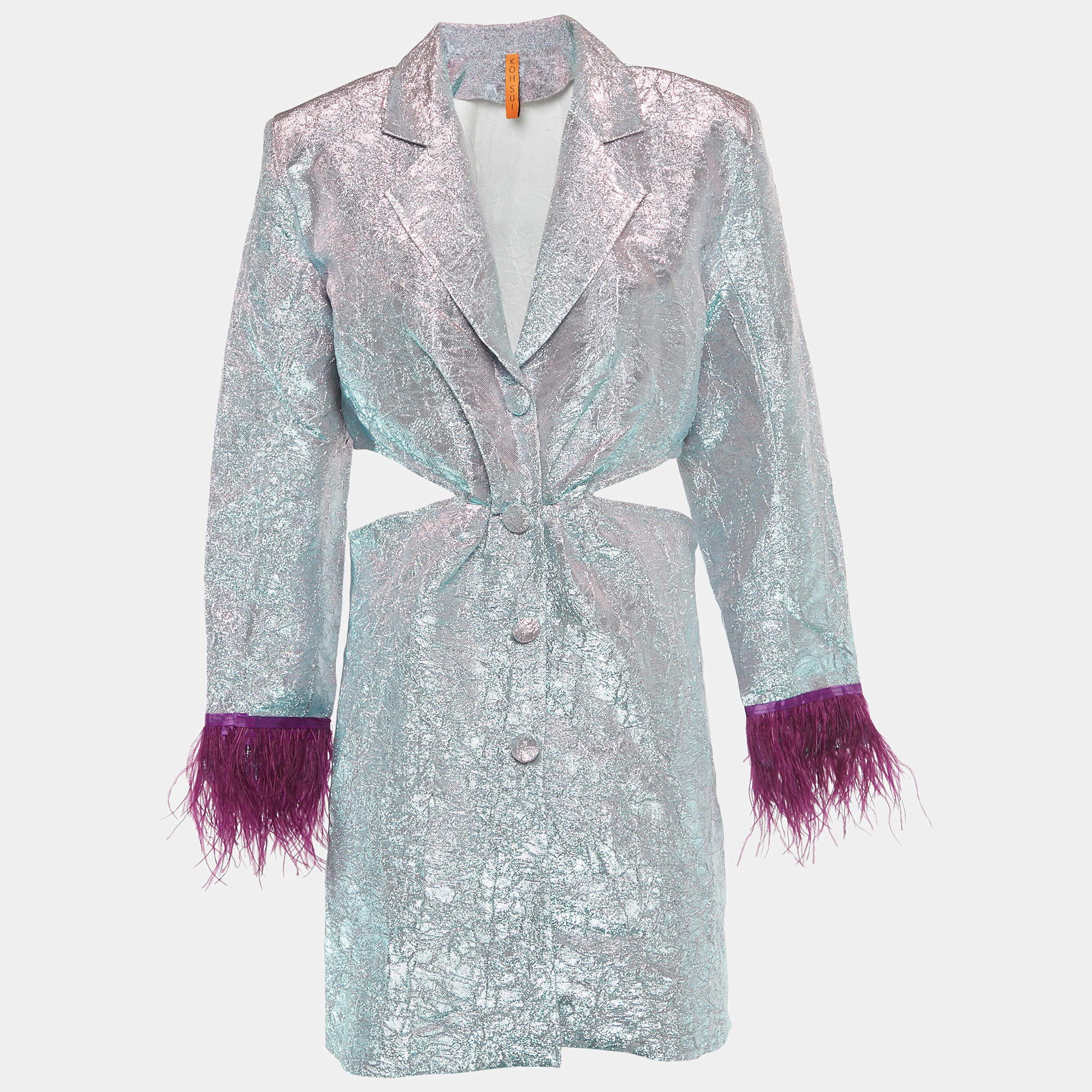 مملوكة مسبقًا فستان ميني كوه سوي ميتاليك لوريكس بأزرار وأريش وفتحات تفاصيل مقاس ميديوم