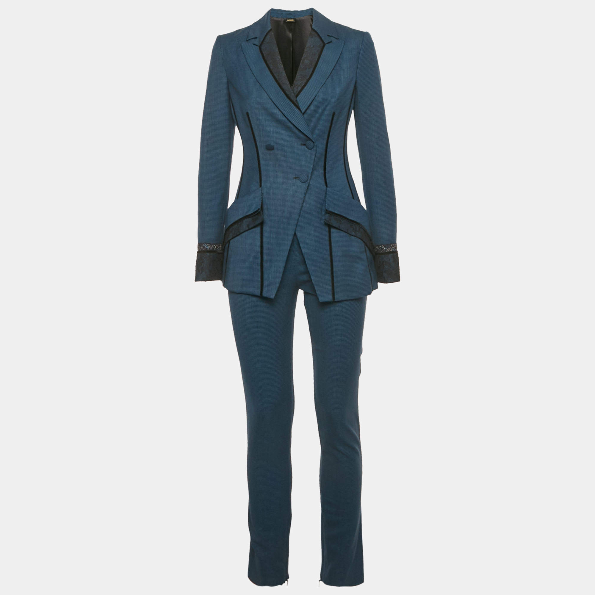 مملوكة مسبقًا بدلة لابرلة صوف أزرق بنقشة هوندستوث مع أشرطة دانتيل مقاس صغير