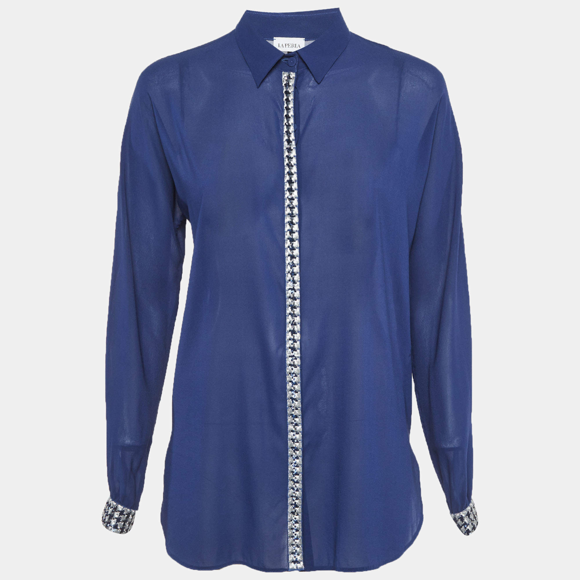 مملوكة مسبقًا La Perla Blue Silk Semi Sheer Shirt L