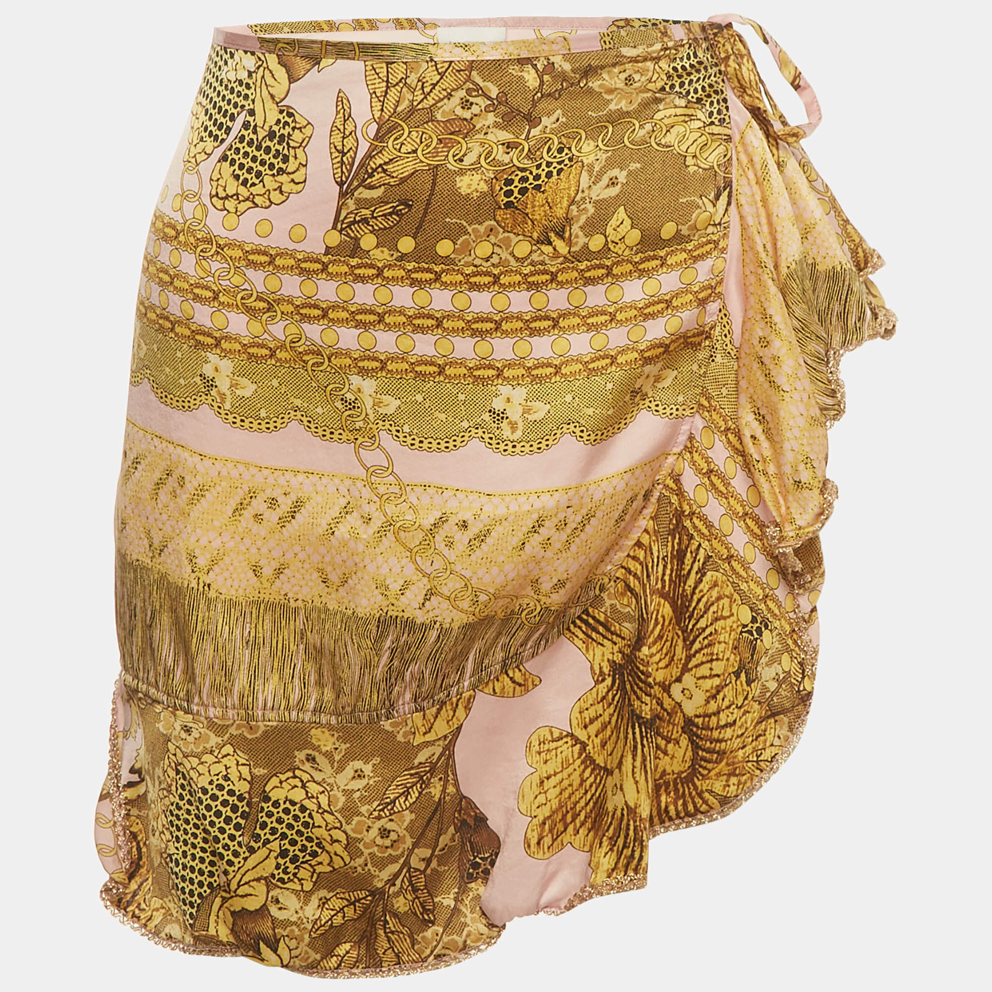 Pre Owned La Perla Pink/Gold Floral Print Silk Wrap Skirt M
