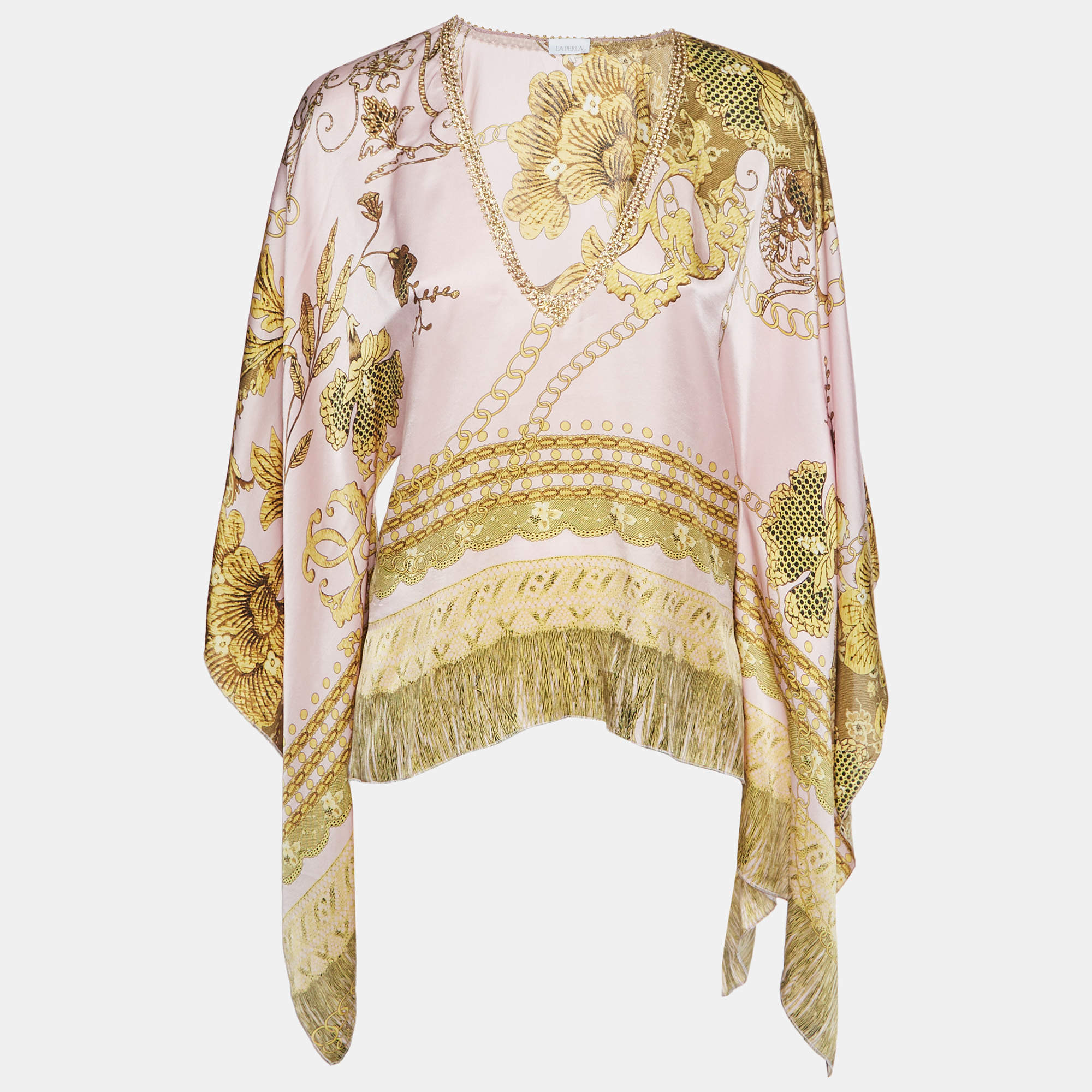 Pre Owned La Perla Pink Baroque Chain Print Silk Kimono Sleeve Blouse S