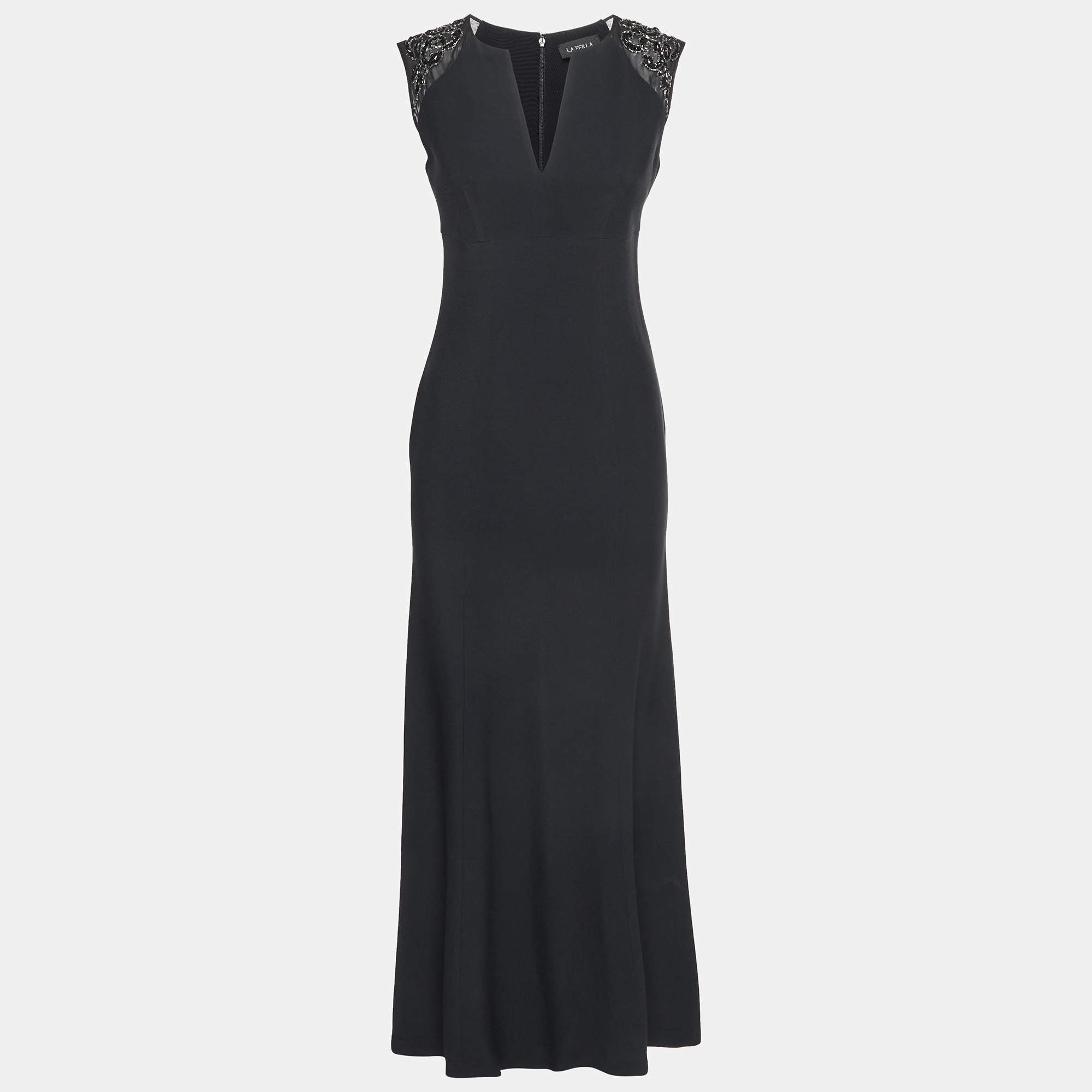 Pre Owned  La Perla Black Embellished Crepe Plung Neckline Sheath Dress S
