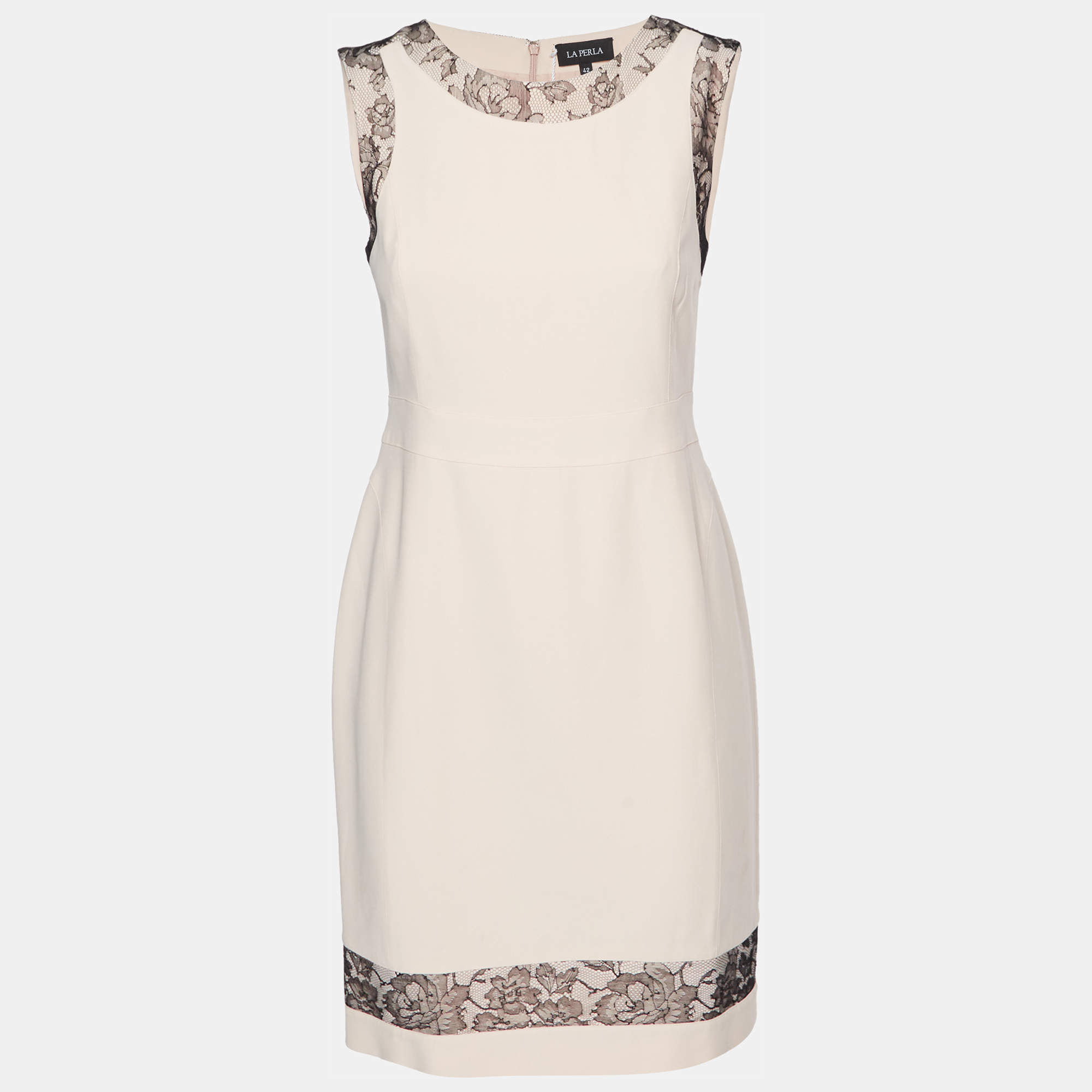 Pre Owned La Perla Nude Pink Crepe Lace Trim Sleeveless Shift Dress M