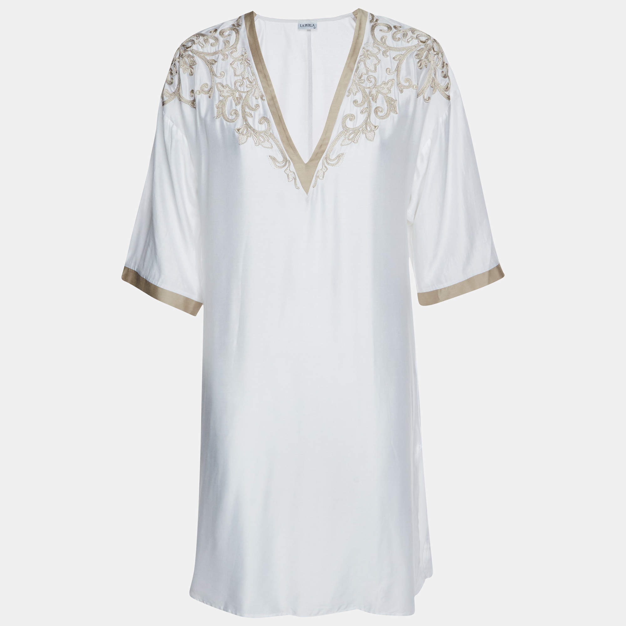 مملوكة مسبقًا La Perla White Embroidered Silk Blend V-Neck Tunic Dress M
