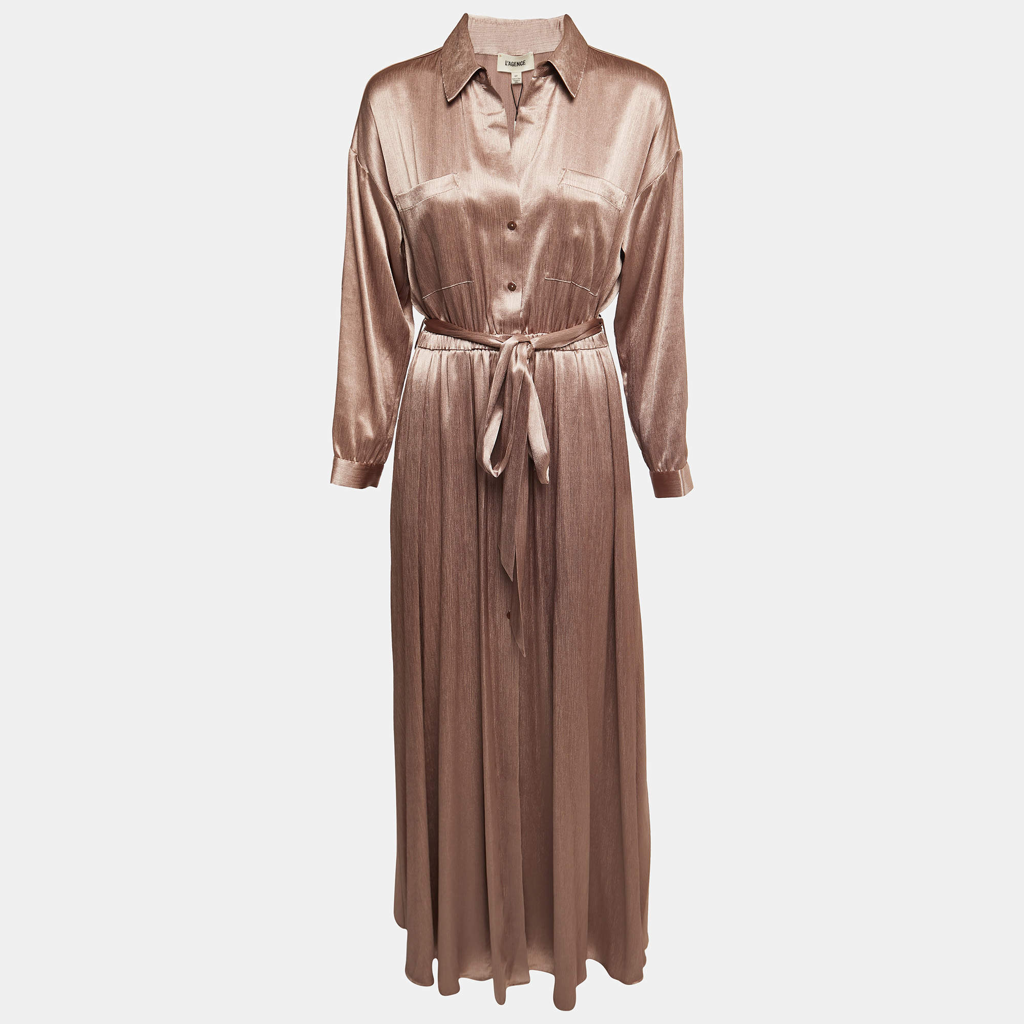 L' Agence Champagne Brown Crinkled Satin Belted Maxi Shirt Dress S